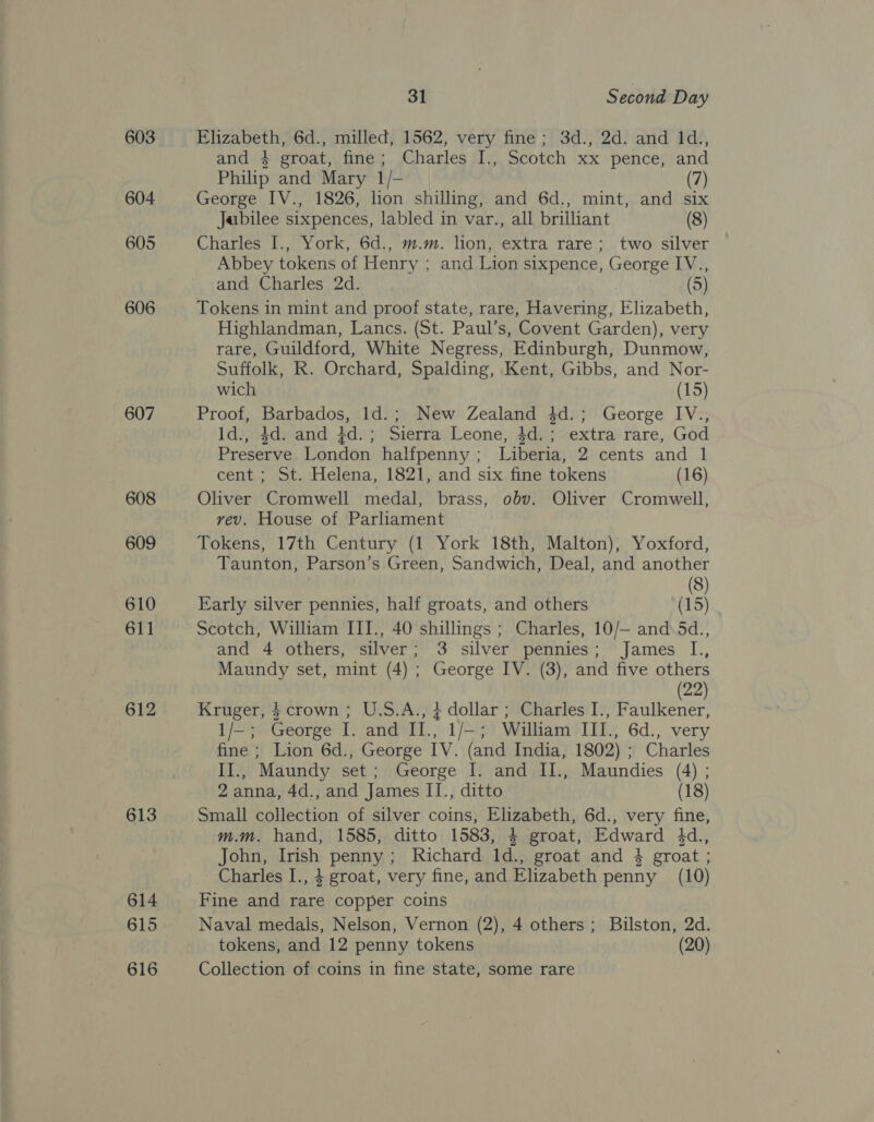 603 604 605 606 607 608 609 610 611 612 613 614 615 616 31 Second Day Elizabeth, 6d., milled, 1562, very fine ; 3d., 2d. and 1d., and 4 groat, fine; Charles I., Scotch xx pence, and Philip and Mary 1/- (7) George IV., 1826, lion shilling, and 6d., mint, and six Jabilee sixpences, labled in var., all brilliant (8) Charles I., York, 6d., m.m. lion, extra rare; two silver Abbey tokens of Henry ; and Lion sixpence, George IV., and Charles 2d. | (5) Tokens in mint and proof state, rare, Havering, Elizabeth, Highlandman, Lancs. (St. Paul’s, Covent Garden), very rare, Guildford, White Negress, Edinburgh, Dunmow, Suffolk, R. Orchard, Spalding, Kent, Gibbs, and Nor- wich (15) Proof, Barbados, Id.; New Zealand 4d.; George IV., 1d., 4d. and 4d.; Sierra Leone, 4d.; extra rare, God Preserve London halfpenny; Liberia, 2 cents and 1 cent; St. Helena, 1821, and six fine tokens (16) Oliver Cromwell medal, brass, obv. Oliver Cromwell, vev. House of Parliament Tokens, 17th Century (1 York 18th, Malton), Yoxford, Taunton, Parson’s Green, Sandwich, Deal, and another | (8) Early silver pennies, half groats, and others (15) Scotch, William III., 40 shillings ; Charles, 10/— and.5d., and 4 others, silver; 3 silver pennies; James I., Maundy set, mint (4) ; George IV. (3), and five others (22) Kruger, } crown; U.S.A., + dollar; Charles I., Faulkener, 1/-; George I. and II., 1/—; William III., 6d., very fine; Lion 6d., George IV. (and India, 1802) ; Charles II., Maundy set; George I. and II., Maundies (4) ; 2 anna, 4d., and James II., ditto (18) Small collection of silver coins, Elizabeth, 6d., very fine, mm. hand, 1585, ditto 1583, 4 groat, Edward 4d., John, Irish penny; Richard: 1d., groat and 4 groat ; Charles I., $ groat, very fine, and Elizabeth penny (10) Fine and rare copper coins | Naval medals, Nelson, Vernon (2), 4 others; Bilston, 2d. tokens, and 12 penny tokens (20) Collection of coins in fine state, some rare