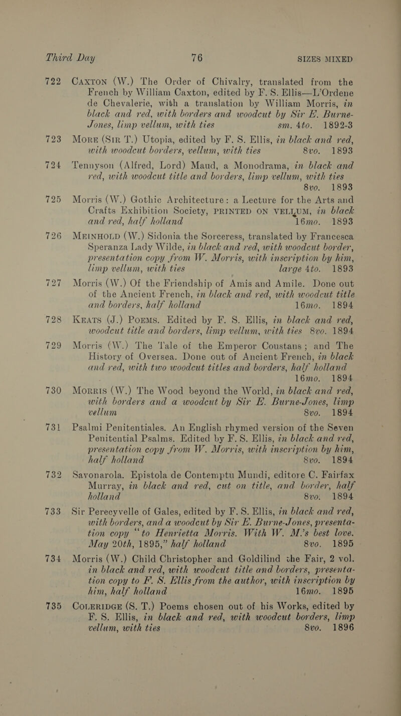 722 733 734 735 Caxton (W.) The Order of Chivalry, translated from the French by William Caxton, edited by F. S. Ellis—L’Ordene de Chevalerie, with a translation by William Morris, in black and red, with borders and woodcut by Sir HE. Burne- Jones, limp vellum, with ties sm. 4to. 1892-3 More (Sir T.) Utopia, edited by F. S. Ellis, in black and red, with woodcut borders, vellum, with ties 8vo. 1893 Tennyson (Alfred, Lord) Maud, a Monodrama, in black and red, with woodcut title and borders, limp vellum, with ties 8vo. 1893 Morris (W.) Gothic Architecture: a Lecture for the Arts and Crafts Exhibition Society, PRINTED ON VELLUM, in black and red, half holland 16mo. 1893 MEINHOLD (W.) Sidonia the Sorceress, translated by Francesca Speranza Lady Wilde, 72 black and red, with woodcut border, presentation copy from W. Morris, with inscription by him, limp vellum, with ties large 4to. 1893 Morris (W.) Of the Friendship of Amis and Amile. Done out of the Ancient French, in black and red, with woodcut title and borders, half holland l6mo. 1894 Keats (J.) Porms. Edited by F. S. Ellis, zx black and red, woodcut title and borders, limp vellum, with ties 8vo. 1894 Morris (W.) The ‘ale of the Emperor Coustans; and The History of Oversea. Done out of Ancient French, in black and red, with two woodcut titles and borders, half holland 16mo. 1894 Morris (W.) The Wood beyond the World, zn black and red, with borders and a woodcut by Sir EH. Burne-Jones, limp vellum 8vo. 1894 Psalmi Penitentiales. An English rhymed version of the Seven Penitential Psalms. Edited by F.S. Ellis, 72 black and red, presentation copy from W. Morris, with inscription by him, half holland 8vo. 1894 Savonarola. Epistola de Contemptu Mundi, editore C. Fairfax Murray, 7n black and red, cut on title, and border, half holland 8vo. 1894 Sir Perecyvelle of Gales, edited by F.S. Ellis, 7n black and red, with borders, and a woodcut by Sir EL. Burne-Jones, presenta- tion copy “to Henrietta Morris. With W. M.’s best love. May 20th, 1895,” half holland 8vo, 1895 Morris (W.) Child Christopher and Goldilind the Fair, 2 vol. in black and red, with woodcut title and borders, presenta- tion copy to F. S. Ellis from the author, with inscription by him, half holland 16mo. 1895 CoLERIDGE (S. T.) Poems chosen out of his Works, edited by F.S. Ellis, in black and red, with woodcut honders, limp vellum, with ties Svo. 1896