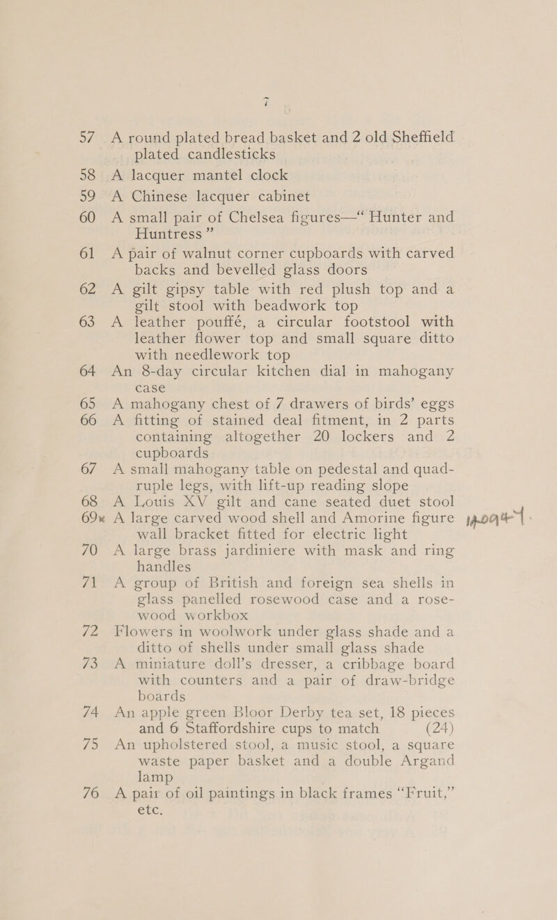 69% « plated candlesticks A lacquer mantel clock A Chinese lacquer cabinet A small pair of Chelsea figures—“ Hunter and Huntress ” A pair of walnut corner cupboards with carved backs and bevelled glass doors A gilt gipsy table with red plush top and a gilt stool with beadwork top A leather pouffé, a circular footstool with leather flower top and small square ditto case A mahogany chest of 7 drawers of birds’ eggs A hitting ot stained déal-fitmient; in-2- parts containing altogether 20 lockers and 2 cupboards A small mahogany table on pedestal and quad- ruple legs, with lift-up reading slope A Louis XV gilt and cane seated duet stool A large carved wood shell and Amorine figure wall bracket fitted for electric light A large brass jardiniere with mask and ring handles glass panelled rosewood case and a rose- wood workbox Flowers in woolwork under glass shade and a ditto of shells under small glass shade A miniature doll’s dresser, a cribbage board with counters and a pair of draw-bridge boards An apple green Bloor Derby tea set, 18 pieces and 6 Staffordshire cups to match (24) An upholstered stool, a music stool, a square waste paper basket and a double Argand lamp A pair of oil paintings in black frames “Fruit,” Etc, oar