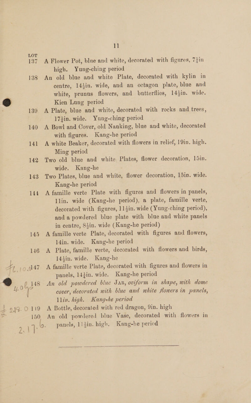 145 146 t TL pole 150 1] A Flower Pot, blue and white, decorated with figures, 7}in high. Yung-ching period An old blue and white Plate, decorated with kylin in centre, 144in. wide, and an octagon plate, blue and white, prunus flowers, and butterflies, 14}in. wide. Kien Lung period } A Plate, blue and white, decorated with rocks and trees, 17iin. wide. Yung-ching period A Bowl and Cover, old Nanking, blue and white, decorated with figures. Kang-he period A white Beaker, decorated with flowers in relief, 19in. high. Ming period Two old blue and white Plates, flower decoration, 15in. wide. Kang-he Two Plates, blue and white, flower decoration, 15in. wide. Kang-he period A famille verte Plate with figures and flowers in panels, llin. wide (Kang-he period), a plate, famille verte, decorated with figures, 114in. wide (Yung-ching period), and a powdered blue plate with blue and white panels in centre, 84in. wide (Kang-he period) A famille verte Plate, decorated with figures and flowers, 14in. wide. Kang-he period A Plate, famille verte, decorated with flowers and birds, 144in. wide. Kang-he panels, 14din. wide. Kang-he period An old powdered blue Jar, oviform in shape, with dome cover, decorated with blue and white flowers in panels, llin. high. Kang+he period A Bottle, decorated with red dragon, 9in. high An old powdered blue Vase, decorated with flowers in 