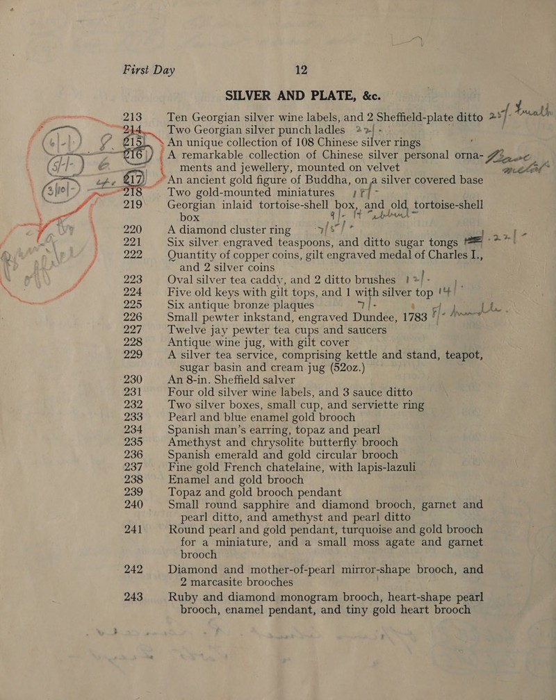SILVER AND PLATE, &amp;c. $7] |. Ymca oamm = NS Ten Georgian silver wine labels, and 2 Sheffield- -plate ditto &gt;° ‘ao ™N~ Page Two Georgian silver punch ladles &gt;| ( 6} - Y 15, ~ An unique collection of 108 Chinese silver rings — : S DE a £45) _A remarkable collection of Chinese silver personal orna- Dix petit). (3 gs eo _ ments and jewellery, mounted on velvet attlel” 7) .« An ancient gold figure of Buddha, on_,a silver covered base ~ . Two gold-mounted miniatures /;f | Georgian inlaid tortoise-shell box, Adi old tortoise-shell box hy |- ; + pthut= A diamond cluster ring -9/8/ ” : Se Six silver engraved teaspoons, and ditto sugar tongs ae ate Quantity of copper coins, gilt engraved medal of Charles I., ff and 2 silver coins 22d Oval silver tea caddy, and 2 ditto brushes |! f 224 Five old keys with gilt tops, and 1 with silver ee i!  225 Six antique bronze plaques TI fl Pe ay 226 Small pewter inkstand, engraved Dundee, 1783 en 227 Twelve jay pewter tea cups and saucers 228 Antique wine jug, with gilt cover 229 A silver tea service, comprising kettle and stand, teapot, sugar basin and cream jug (52o0z.) 230 An 8-in. Sheffield salver 231 Four old silver wine labels, and 3 sauce ditto 232 Two silver boxes, small cup, and serviette ring 233 Pearl and blue enamel gold brooch 234 Spanish man’s earring, topaz and pearl 235 Amethyst and chrysolite butterfly brooch 236 Spanish emerald and gold circular brooch 237 Fine gold French chatelaine, with AP eae 238 Enamel and gold brooch 239 Topaz and gold brooch pendant 240 Small round sapphire and diamond brooch, garnet and pearl ditto, and amethyst and pearl ditto 241 Round pearl and gold pendant, turquoise and gold brooch for a miniature, and a small moss agate and garnet brooch 242 Diamond and mother-of-pearl mirror-shape brooch, and 2 marcasite brooches 243 Ruby and diamond monogram brooch, heart-shape pearl brooch, enamel pendant, and tiny gold heart brooch :