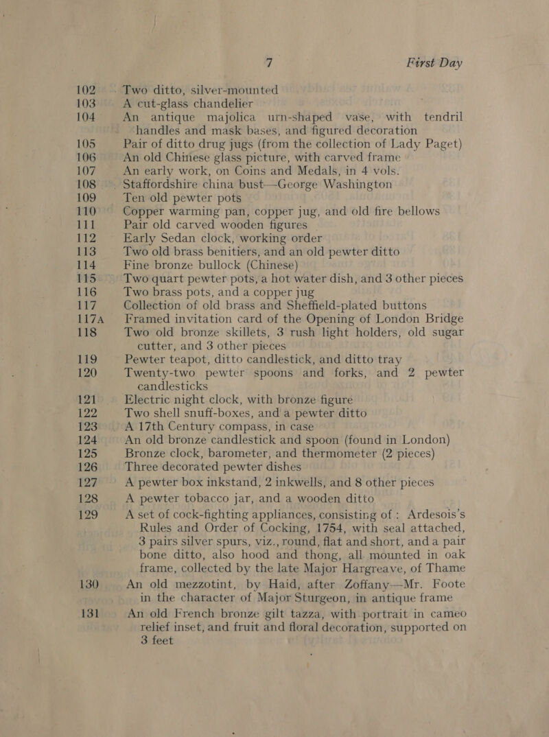 102 104 105 106 107 108 | 109 110 111 112 113 114 115 116 07 117A 118 119 120 121 123 124 125 126 127 128 129 130 131 7 First Day A cut-glass chandelier An antique majolica urn-shaped vase, with tendril handles and mask bases, and figured decoration Pair of ditto drug jugs (from the collection of Lady Paget) An old Chinese glass picture, with carved frame An early work, on Coins and Medals, in 4 vols. Ten old pewter pots Copper warming pan, copper jug, and old fire bellows Pair old carved wooden figures _ Early Sedan clock, working order Two old brass benitiers, and an old pewter ditto Fine bronze bullock (Chinese) Two quart pewter pots, a hot water dish, and 3 other pieces Two brass pots, and a copper jug Collection of old brass and Sheffield-plated buttons Framed invitation card of the Opening of London Bridge Two old bronze skillets, 3 rush light holders, old sugar cutter, and 3 other pieces Pewter teapot, ditto candlestick, and ditto tray Twenty-two pewter spoons and forks, and 2 pewter candlesticks Electric night clock, with bronze figliré Two shell snuff-boxes, and a pewter ditto An old bronze candlestick and spoon (found in London) Bronze clock, barometer, and thermometer (2 pieces) Three decorated pewter dishes A pewter box inkstand, 2 inkwells, and 8 other pieces A pewter tobacco jar, and a wooden ditto A set of cock-fighting appliances, consisting of : Ardesois’s Rules and Order of Cocking, 1754, with seal attached, 3 pairs silver spurs, viz., round, flat and short, anda pair bone ditto, also hood and thong, all. mounted in oak frame, collected by the late Major Hargreave, of Thame An old mezzotint, by Haid, after Zoffany—Mr. Foote in the character of Major Sturgeon, in antique frame An old French bronze gilt tazza, with portrait in cameo relief inset, and fruit and floral decoration, supported on