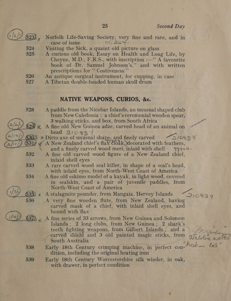 » Norfolk Life-Saving Society, very fine and rare, and in case of issue Nit, stl - 524 Visiting the Sick, a quaint old picture on glass 525 A curious old book, Essay on Health and Long Life, by Cheyne, M.D., F.R.S., with inscription :—‘“‘ A favourite book of Dr. Samuel Johnson’s,” and with written prescriptions for ‘‘ Costiveness ”’ 526 An antique surgical instrument, for cupping, in case o27 A Tibetan double-headed human skull drum NATIVE WEAPONS, CURIOS, &amp;c. 528 A paddle from the Nicobar Islands, an unusual shaped club from New Caledonia ; a chief’s ceremonial wooden spear, 3 walking sticks, and box, from South Africa SP os vx A fine old New Guinea adze, carved head of an animal on head Qiosg yp! x Ditto axe of unusual shape, and finely carved “2/084 % A New Zealand chiet’s flak'@fodkdecorated with feathers, \ and a finely carved wood meri, inlaid with shell - 99°00. 532 A fine old carved wood figure of a New Zealand chief, inlaid shell eyes 533 A rare carved wood seal killer, in shape of a seal’s head, with inlaid eyes, from North-West Coast of America 534 A fine old eskimo model of a kayak, in light wood, covered in sealskin, and a pair of juvenile paddles, from . North-West Coast of America | - es 39) x A stalagmite pounder, from Mangaia, Hervey Islands “9, .,,@ 4 536 A very fine wooden flute, from New Zealand, having 3 carved mask of a chief, with inlaid shell eyes, and bound with flax y A fine series of 33 arrows, from New Guinea and Solomon Islands; 2 long clubs, from New Guinea; 2 shark’s   4 teeth fighting weapons, from Gilbert Islands; and a oer Xe, _catrved shield and 3 old painted magic sticks, from We bb. « Fee | South Australia +h  +d . 538 Early 18th Century crimping machine, in perfect con-” “~“”“*~ fst. dition, including the original heating iron 539 Early 18th Century Worcestershire silk winder, in oak, with drawer, in perfect condition