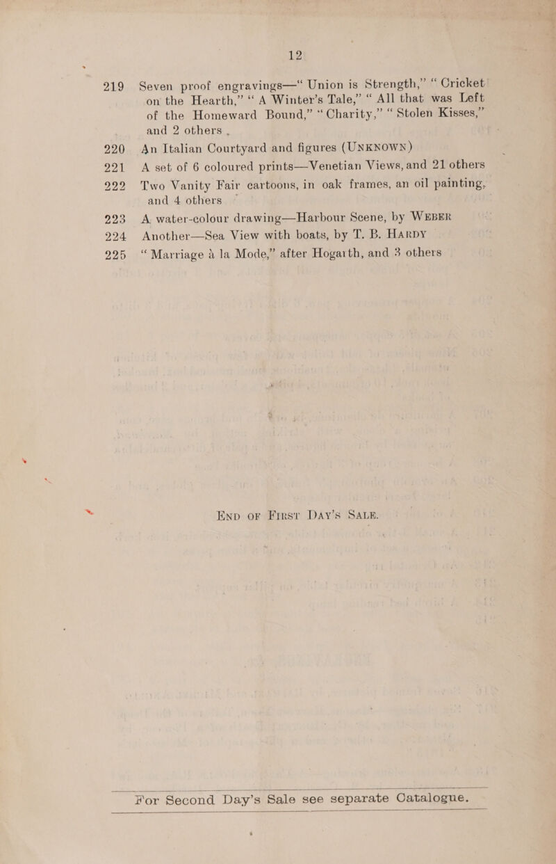 219 Seven proof engravings—“ Union is Strength,” “ Cricket on the Hearth,” ‘‘ A Winter’s Tale,’ “ All that was Left of the Homeward Bound,” “‘ Charity,” “ Stolen Kisses,” and 2 others , 920 An Italian Courtyard and figures (UNKNOWN ) 921 A set of 6 coloured prints—Venetian Views, and 21 others 922 Two Vanity Fair cartoons, in oak frames, an oil painting, and 4 others | 223 A water-colour drawing—Harbour Scene, by WEBER 224 Another—Sea View with boats, by T. B. HARDY — 925 “Marriage i la Mode,” after Hogarth, and 3 others — Enp or First DaAy’s SALE.   For Second Day’s Sale see separate Catalogue.    *