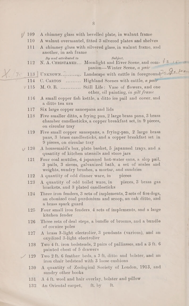 110 A walnut overmantel, fitted 3 silvered plates and shelves 111 A chimney glass with silvered glass,in walnut frame, and another, in ash frame By and attributed to Subject. ‘ 112 N. A. Curistamer... Moonlight and River Scene, and com- 7 2..4.4%&lt; | panion— Winter Scene, a pair 9 ae 113 | UNKNOWN. .. dunn, Landscape with cattle in foregroundy—&lt;#~ 11450 CONG MR TON a Maan Highland Scenes with cattle, a pat ee VEG) ib ae ere, ae Still Life: Vase of flowers, and one other, oil painting, in gilt frame 116 &lt;A small copper fish kettle, a ditto ice pail and cover, and a ditto tea urn 117 Six large copper saucepans and lids 118 Five smaller ditto, a frying pan, 2 large brass pans, 3 brass chamber candlesticks, a copper breakfast set, in 9 pieces, on circular tray 119 Five small copper saucepans, a frying-pan, 2 large brass pans, 3 brass candlesticks, and a copper breakfast set in 9 pieces, on circular tray 120 &lt;A housemaid’s box, plate basket, 5 jJapanned trays, and a quantity of kitchen utensils and store jars 121 Four coal scuttles, 4 japanned hot-water cans, a slop pail, 3 pails, 3 sieves, galvanized bath, a set of scales and weights, sundry brushes, a mortar, and sundries 122 A quantity of odd dinner ware, in pieces 123 &lt;A quantity of odd toilet ware, in pieces, 3 brass gas brackets, and 3 plated candlesticks 124 Three iron fenders, 3 sets of implements, 2 sets of fire dogs, an ebonized coal purdonium and scoop, an oak ditto, and a brass spark guard 125 Four small iron fenders, 4 sets of implements, and a large kitchen fender 126 ‘Three sets of deal steps, a bundle of brooms, and a bundle of cornice poles 127 A brass 3-light electrolier, 3 pendants (various), and an oxydized 3-light electrolier 128 Two 4 ft. iron bedsteads, 2 pairs of palliasses, and a 3 ft. 6 painted chest of 5 dvawers ’ 129 Two 2 ft. 6 feather beds, a 3 ft. ditto and bolster, and an iron chair bedstead with 3 loose cushions 130 A quantity of Zoological Society of London, 1913, and sundry other books 131 A 4 ft. wool and hair overlay, bolster and pillow 132 An Oriental carpet, ft. by it.