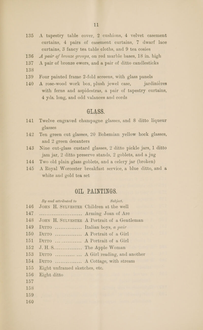 135 136 137 158 139 140 146 147 148 149 150 151 152 153 154 155 156 157 158 159 160 11 A tapestry table cover, 2 cushions, 4 velvet casement curtains, 4 pairs of casement curtains, 7 dwarf lace curtains, 3 fancy tea table cloths, and 9 tea cosies A pair of bronze growps, on red marble bases, 18 in. high A pair of bronze ewers, and a pair of ditto candlesticks Four painted frame 2-fold screens, with glass panels A rose-wood work box, plush jewel case, jardiniéres with ferns and aspidestras, a pair of tapestry curtains, 4 yds. long, and odd valances and cords GLASS. Twelve engraved champagne glasses, and 8 ditto liqueur glasses Ten green cut glasses, 20 Bohemian yellow hock glasses, and 2 green decanters Nine cut-glass custard glasses, 2 ditto pickle jars, 1 ditto jam jar, 2 ditto preserve stands, 2 goblets, and a jug Two old plain glass goblets, and a celery jar (broken) A Royal Worcester breakfast service, a blue ditto, and a white and gold tea set OIL PAINTINGS. By and attributed to Subject. JOHN H. SYLVESTER Children at the well is shame eset aes y ce Arming Joan of Arc JOHN H. SYLVESTER A Portrait of a Gentleman PREP 5g eek thik Italian boys, a pair cs OPE Pere A Portrait of a Girl MERE bd viad Devaney. A Portrait of a Girl * ME . Se. Se fire nee The Apple Woman BIE nus cuseew Ash A Girl reading, and another REPO 556 dy ids ete A Cottage, with stream Eight unframed sketches, etc. Eight ditto