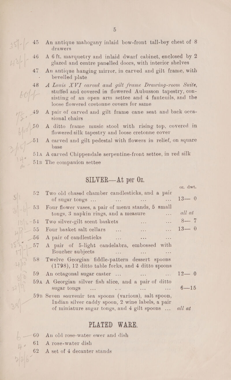 45 46 47 48 49 50 51 Bila. 52 5d 54 Do _56 ay 58 59 5OA 59B 60 61 62 5 An antique mahogany inlaid bow-front tall-boy chest of 8 drawers A 6 ft. marquetry and inlaid dwarf cabinet, enclosed by 2 glazed and centre panelled doors, with interior shelves An antique hanging mirror, in carved and gilt frame, with bevelled plate A Lows XVI carved and gilt frame Drawing-room Suite, stuffed and covered in flowered Aubusson tapestry, con- sisting of an open arm settee and 4 fauteuils, and the loose flowered cretonne covers for same A pair of carved and gilt frame cane seat and back occa- sional chairs A ditto frame music stool with rising top, covered in flowered silk tapestry and loose cretonne cover A carved and gilt pedestal with flowers in relief, on square base A carved Chippendale serpentine-front settee, in red silk The companion settee SILVER—At per Oz. oz. dwt Two old chased chamber candlesticks, and a pat of sugar tongs ... ‘ty 13— 0 Four flower vases, a pair of menu age 5 ei tongs, 3 napkin rings, and a measure Sia LOE Two silver-gilt scent baskets vee = 8 T Four basket salt cellars re ea ... 13— 0 A pair of candlesticks A pair of 5-light candelabra, eee a Boucher subjects Z Pag ie Twelve Georgian fiddle-pattern dessert spoons (1798), 12 ditto table forks, and 4 ditto spoons An octagonal sugar caster ... Hs . 12— 0 A Georgian silver fish slice, and a pair of aitto sugar tongs... ky ts .. 6—15 Seven souvenir tea spoons (various), salt spoon, Indian silver caddy spoon, 2 wine labels, a pair of miniature sugar tongs, and 4 gilt spoons ... adl at PLATED WARE. Av old rose-water ewer and dish A rose-water dish A set of 4 decanter stands