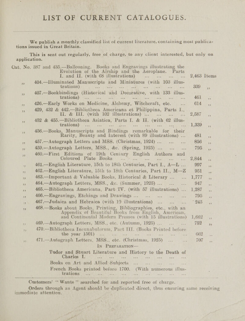 | Moe LIST OF CURRENT CATALOGUES.  We publish a monthly classified list of current literature, containing most publica- tions issued in Great Britain. This is sent out regularly, free of charge, to any client interested, but only on application. Gat. No. 387 and 435.—Ballooning. Books and Engravings illustrating the Evolution ot the Airship and the geese - Parts I. and II. (with 68 illustrations) ae 2,463 Items re 404.—Llluminated RES CED S and raat a (with 103 Ane trations) LOO ee <5) es 407.—Bookbindings (Historical said Decorative, vit 133 noe trations) ... 2 4G): rr 426.—Early Works on Medicine, UM bieri “Witcheratt. HG ae Gi4 3 429, 432 &amp; 442.—Bibliotheea Americana et EEPP ina, Parts I., Il. &amp; Ill. (with 102 illustrations) . : BiOOk b= 3 me 452 &amp; 455.—Bibliotheca Asiatica, Paris I. &amp; I. (with, 62 ‘hae: trations) ... eye is amen ae 456.—Books, Manuscripts ana Bindifios tua neue td woe Rarity, Beauty and Interest (with 89 illustrations) . 481 ,, z= 457.—Autograph Letters and MSS. (Christmas, 1924) .. Napa tens ee OME oe » 459.—Autograph Letters, MSS., &amp;c. (Spring, 1925) . Gis 3) ME Se a 460.—First Editions of 19th Century rm dem Authors Ae Coloured Plate Books ee 2,844 ,, i. 461.—English Literature, 15th to 18th Caimi Part 1. a 990 os; oe 462.—English Literature, 15th to 18th Centuries, Part ae M—Z Sol >, id 463.—Important &amp; Valuable Books, Historical &amp; Literary ....... 1,777 ,, n 464.—Autograph Letters, MSS., &amp;c. (Summer, 1925) . a ie 947... e 465.—Bibliotheca Americana, Part IV. (with 57 hucirwtiouate lig). eeaeee oy 466.—Engravings, Etchings and Drawings... ... ...0 ... 6. Too, 2 467.—Judaica and Hebraica (with 10 illustrations) ...... ... °245 .,, 468.—Books about Books, Printing, Bibliographies, etc., with an Appendix of Beautiful Books from English, American, aud Continental Modern Presses (with 15 illustr ations) 1,662 ~ 469.—Autograph Letters, MSS., etc. (Autumn, 1925) . Haniel, (Gy aaa n 470.—Bibliotheca Incunabulorum, Part ITT. aes Printed before the year 1501) ... .. ; 662 Fe 471.—Autograph Letters, MSS., we (Chiuiaitias, 1925) a Us 707 In PREPARATION— Tudor and Stuart Literature and ee to the on ot Charles I : Books on Art and Allied Ses French Books age before 1700. (With numerous illus- trations SRA CU Ese ie ea  Customers’ ‘‘ Wants”? searched for aa reported free of charge. Orders through an Agent should he duplicated direct, thus ensuring same receiving immediate attention. we