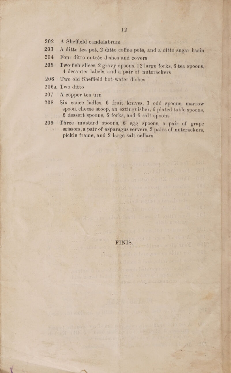i 202 204 205 12 A Sheffield candelabrum Four ditto entrée dishes and covers Two fish slices, 2 gravy spoons, 12 large forks, 6 tea spoons, 4 decanter labels, and a pair of nuterackers 207 208 209 A copper tea urn Six sauce ladles, 6 fruit knives, 3 odd spoons, marrow spoon, cheese scoop, an extinguisher, 6 plated table spoons, 6 dessert spoons, 6 forks, and 6 salt spoons Three mustard spoons, 6 egg spoons, a pair of grape scissors, a pair of asparagus servers, 2 pairs of nutcrackers, pickle frame, and 2 large salt cellars FINIS.