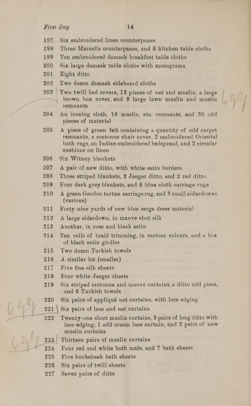 197 198 199 200 201 202 203 204 205 Six embroidered linen counterpanes Three Marcella counterpanes, and 8 kitchen table cloths Ten embroidered damask breakfast table cloths Six large damask table cloths with monograms Eight ditto Two dozen damask sideboard cloths Two twill bed covers, 13 pieces of net and muslin, a large brown box cover, and 8 large lawn muslin and muslin remnants An ironing cloth, 18 muslin, etc. remnants, and 30 odd pieces of material A piece of green felt containing a quantity of odd carpet remnants, a cretonne chair cover, 2 embroidered Oriental bath rugs, an Indian embroidered bedspread, and 2 circular cushions on linen Six Witney blankets A pair of new ditto, with white satin borders Three striped blankets, 2 Jaeger ditto, and 2 red ditto Four dark grey blankets, and 6 blue cloth carriage rugs A green Gordon tartan carriage rug, and 3 small eiderdowns (various) Forty-nine yards of new blue serge dress material A large eiderdown, in mauve shot silk Another, in rose and black satin Ten rolls of braid trimming, in various colours, and a box of black satin girdles Two dozen Turkish towels A similar lot (smaller) Five fine silk sheets Four white Jaeger sheets Six striped cretonne and mauve curtains, a ditto odd piece, and 6 Turkish towels Six pairs of appliqué net curtains, with lace edging Six pairs of lace and net curtains Twenty-one short muslin curtains, 3 pairs of long ditto with lace edging, 1 odd cream lace curtain, and 2 pairs of new muslin curtains Thirteen pairs of muslin curtains Four red and white bath mats, and 7 bath sheets Five huckaback bath sheets Six pairs of twill sheets Seven pairs of ditto