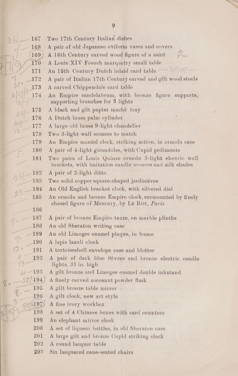 Two 17th Century Italian dishes A pair of old Japanese oviform vases and covers A 16th Century carved wood figure of a saint A Louis XTV French marquetry small table An 18th Century Dutch inlaid card table A pair of Italian 17th Century carved and gilt wood stools A carved Chippendale card table An Empire candelabrum, with bronze figure supports, supporting branches for 3 hghts A black and gilt papier maché tray A Dutch brass palm cylinder A large old brass 9-light chandelier Two 3-light wall sconces to match An Empire mantel clock, striking action, in ormolu case A pair of 4-light girandoles, with Cupid pediments Two pairs of Louis Quinze ormolu 3-light electric wall brackets, with imitation candle sconces and silk shades A pair of 2-light ditto Two solid copper square-shaped jardiniéres An ormolu and bronze Empire clock, surmounted by finely chased figure of Mercury, by LE Roy, Parts A pair of bronze Empire tazze, on marble plinths An old Sheraton writing case An old Limoges enamel plaque, in frame A lapis lazuli clock A tortoiseshell envelope case and blotter A pair of dark blue Sevres and bronze electric candle lights, 31 in. high A gilt bronze and Limoges enamel double inkstand A finely carved cocoanut powder flask A gilt bronze table mirror A gilt clock, new art style A set of 4 Chinese boxes with card counters An elephant mirror clock A set of liqueur bottles, in old Sheraton case A large gilt and bronze Cupid striking clock A round lacquer table Six lacquered cane-seated chairs