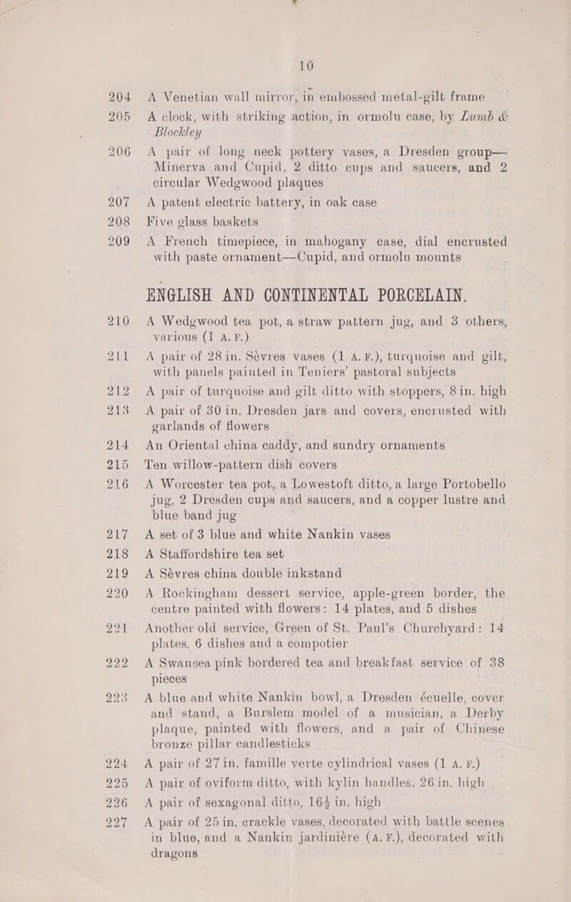 204 205 10 A Venetian wall mirror, in embossed metal-gilt frame A clock, with striking action, in ormolu case, by Lumb &amp; Blockley A pair of long neck pottery vases, a Dresden group— Minerva and Cupid, 2 ditto cups and saucers, and 2 circular Wedgwood plaques A patent electric battery, in oak case Five glass baskets A French timepiece, in mahogany case, dial encrusted with paste ornament—Cupid, and ormolu mounts ENGLISH AND CONTINENTAL PORCELAIN. A Wedgwood tea pot, a straw pattern jug, and 3 others, various (1 A. F.) A pair of 28 in. Sévres vases (1 A.F.), turquoise and gilt, with panels painted in Teniers’ pastoral subjects A pair of turquoise and gilt ditto with stoppers, 8in. high A pair of 30 in. Dresden jars and covers, encrusted with garlands of flowers An Oriental china caddy, and sundry ornaments Ten willow-pattern dish covers A Worcester tea pot, a Lowestoft ditto, a large Portobello jug, 2 Dresden cups and saucers, and a copper lustre and blue band jug A set of 3 blue and white Nankin vases A Staffordshire tea set A Sévres china double inkstand A Rockingham dessert service, apple-green border, the centre painted with flowers: 14 plates, and 5 dishes Another old service, Green of St. Paul’s Churchyard: 14 plates, 6 dishes and a compotier A Swansea pink bordered tea and breakfast service of 38 pieces A blue and white Nankin bowl, a Dresden écuelle, cover and stand, a Burslem model of a musician, a Derby plaque, painted with flowers, and a pair of Chinese bronze pillar candlesticks A pair of 27 in. famille verte cylindrical vases (1 A. F.) A pair of oviform ditto, with kylin handles, 26 in, high A pair of sexagonal ditto, 165 in. high A pair of 25 in. crackle vases, decorated with battle scenes in blue, and a Nankin jardiniére (4. F.), decorated with dragons