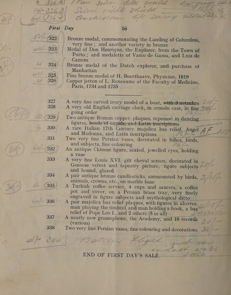 Two very fine Persian vases, fine colouring and decorations &gt;» ere &amp; 4 4 t OM .- P a ] ae END OF FIRST DAY’S-SALB..4 1a. eee } AE) f f Cte Selir' Celie Me elk hg oe [roe Setict L6 rm why ‘ : ‘ as aa ; eo r es a — &gt; ee . sltn GS MEMES First Day 16 (322 Bronze medal, commemorating the Landing of Columbus, © ean very fine ; and another variety in bronze 323 Medal of Don Henrique, the Explorer, from the-Town of  Porto ; and medalette of Vasco de Gama, and Luiz de Cameces ee es 324 Bronze medal of the Dutch explorer, and purchase ot , Manhattan eTsvee 325 Fine bronze medal of H. Boerthaave, Physician, 1819 326 Copper jetton of L. Reneaume of the Faculty of Medicine, any Paris, 1734 and 1735 and PEE 327 A. very fine carved ivory model of a boat, witheSenetsukes ~ 328 A very old English carriage clock; in ormolu case, in fine 224/— | going order hg (@ , 329) Two antique Roman copper plaques, repoussé in dancing =. + (oer figures, heads *of-cupids#andeatin inscriptions Ne 330 A rare Italian 17th Century majolica bas relief, Angel AA vo AAG and Madonna, and Latin inscriptions TAF A hob re As 331 Two very fine Persian vases, decorated in fishes, birds, . and subjects, fine colouring C/— 332 An antique Chinese figure, seated, jewelled eyes, holding | a vase ; 333 A very fine Louis XVI. gilt cheval screen, decorated in 26 | Genoese velvet and tapestry picture, figure subjects —«/~ and hound, glazed pele A i 7 334 A pair antique bronze candlesticks, surmounted by birds, Z2// animals, crowns, etc., on marble base : r . 335/ A Turkish coffee service, 4 cups and saucers, ‘a coffee ae, pot and cover, on a Persian brass tray, very finely engraved in figure subjects and mythological ditto .~ . — 336 A pair majolica bas relief plaques, with figures ‘in alcoves, », /, $m man playing the timbrel, and man holding a book, a bas relief of Pope Leo I., and 2 others (5 in all) Sc 337 A nearly new gramophone, the Academy, and 10 records + . °_ (various) . 338 x) neti