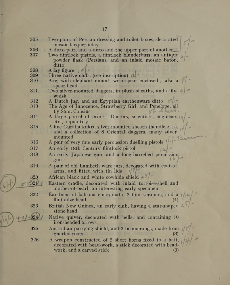   Two pairs of Persian dressing and toilet boxes, decorated | mosaic lacquer inlay A ditto pair, and a ditto and the upper part of another___ powder flask (Persian), and an inlaid mosaic baton, | A lay figure ) # Three native cl + (see inscription) 12) * Axe, with elephant mount, with spear enclosed; alsoa / spear-head . Two silver-mounted daggers, in plush sheaths, and a sa a] whisk A Dutch jug, and an Egyptian earthenware ditto “) * The Age of Innocence, Strawberry Girl, and Sigg vo all by Sam. Cousins A large parcel of prints—Doctors, scientists, engineers,) etc., a quantity A fine Gurkha kukri, silver-mounted sheath (handle 4.F.), mounted A pair of very fine early percussion duelling pistols ‘ “ An early 18th Century flintlock pistol An early Japanese gun, and a long-barrelled percussion ; gun - A pair of old Lambeth ware jars, decorated with coat-of- arms, and fitted with tin lids * */ African black and white cowhide shield &gt;’ Eastern cradle, decorated with inlaid tortoise-shell and mother-of-pearl, an interesting early specimen Ear bone of balcana emarginata, 2 flint scrapers, and a ; flint adze head (4) British New Guinea, an early club, having a star-shaped # stone head Native quiver, decorated with bells, and containing 10 iron-headed arrows : gnarled roots (3) decorated with bead-work, a stick decorated with bead- work, and a carved stick (3)