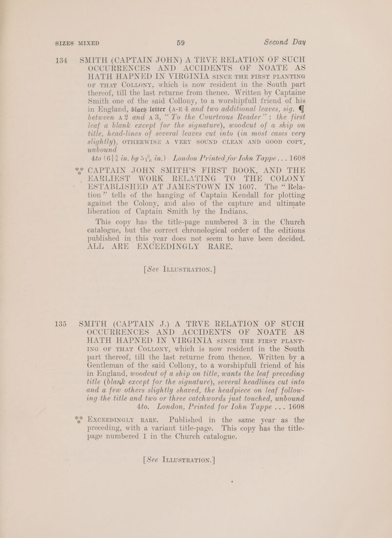 134 SMITH (CAPTAIN JOHN) A TRVE RELATION OF SUCH OCCURRENCES AND ACCIDENTS OF NOATE AS HATH HAPNED IN VIRGINIA SINCE THE FIRST PLANTING OF THAT COLLONY, which is now resident in the South part thereof, till the last returne from thence. Written by Captaine Smith one of the said Collony, to a worshipfull friend of his in England, fact fetter (A-E 4 and two additional leaves, sig. q between A2 and a3, “To the Courteous Reader’: the forst leaf a blank except for the signature), woodcut of a ship on title, head-lines of several leaves cut into (an most cases very slightly), OTHERWISE A VERY SOUND CLEAN AND GOOD COPY, unbound Ato (643 in. by 54°, in.) London Printed for Iohn Tappe... 1608 on aN JOHN SMITE S Tiksd BOOK, AND: THE HARES! WORK RELATING TO THE COLONY ESTABLISHED AT JAMESTOWN IN 1607. The “ Rela- tion” tells of the hanging of Captain Kendall for plotting against the Colony, and also of the capture and ultimate hberation of Captain Smith by the Indians. This copy has the title-page numbered 3 in the Church catalogue, but the correct chronological order of the editions published in this year does not seem to have been decided. ALL ARE EXCEEDINGLY RARE. [See ILLUSTRATION. | 13),,. SMITH 7ACAPTAIN -J.) A; TRY iy RELATION OF SUCH OCCURRENCES AND ACCIDENTS OF NOATE AS HATH HAPNED IN VIRGINIA SINCE THE FIRST PLANT- ING OF THAT COLLONY, which is now resident in the South part thereof, till the last returne from thence. Written by a Gentleman of the said Collony, to a worshipfull friend of his in England, woodcut of a ship on title, wants the leaf preceding title (blank except for the signature), several headlines cut into and a few others slightly shaved, the headpiece on leaf follow- ung the title and two or three catchwords just touched, unbound 4to. London, Printed for Iohn Tappe ... 1608 *. EXCEEDINGLY RARE. Published in the same year as the preceding, with a variant title-page. This copy has the title- page numbered 1 in the Church catalogue.