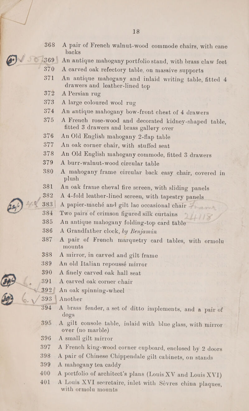  596 397 398 399 400 401 18 A pair of French walnut-wood commode chairs, with cane backs A carved oak refectory table, on massive supports An antique mahogany and inlaid writing table, fitted 4 drawers and leather-lined top A Persian rug A large coloured wool rug An antique mahogany bow-front chest of 4 drawers A French rose-wood and decorated kidney-shaped table, fitted 3 drawers and brass gallery over An Old English mahogany 2-flap table An oak corner chair, with stuffed seat An Old English mahogany commode, fitted 3 drawers A burr-walnut-wood circular table A mahogany frame circular back easy chair, covered in plush An oak frame cheval fire screen, with sliding panels A 4-fold leather-lined screen, with tapestry panels T'wo pairs of crimson figured silk curtains An antique mahogany folding-top card table A Grandfather clock, by Benjamin A pair of French marquetry card tables, with ormolu mounts A mirror, in carved and gilt frame An old Italian repoussé mirror A finely carved oak hall seat A carved oak corner chair A brass fender, a set of ditto implements, and a pair of dogs A gilt console table, inlaid with blue glass, with mirror over (no marble) A small gilt mirror | A French king-wood corner cupboard, enclosed by 2 doors A pair of Chinese Chippendale gilt cabinets, on stands A mahogany tea caddy A portfolio of architect’s plans (Louis XV and Louis XVI) A Louis XVI serretaire, inlet with Sévres china plaques, with ormolu mounts