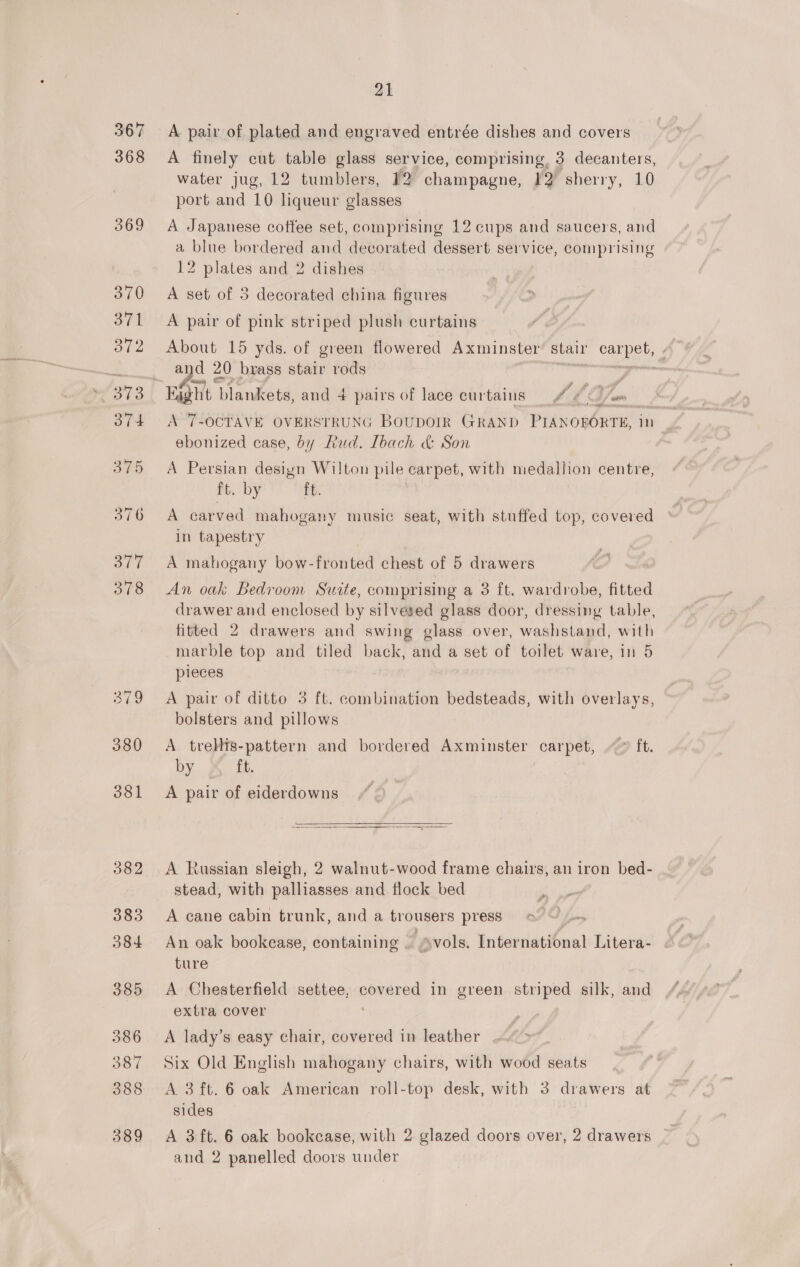 368 369 382 383 384 385 386 387 388 389 21 A finely cut table glass service, comprising, 3 decanters, water jug, 12 tumblers, 12 champagne, 12 sherry, 10 port and 10 liqueur glasses A Japanese coffee set, comprising 12 cups and saucers, and a blue bordered and decorated dessert service, comprising 12 plates and 2 dishes A set of 5 decorated china figures A pair of pink striped plush curtains About 15 yds. of green flowered Axminster stair cel A and 20 brass stair rods rn A 7-OCTAVE OVERSTRUNG BoupoIR GRAND PIANOPORTE, in ebonized case, by Rud. Ibach &amp; Son A Persian design Wilton pile carpet, with medallion centre, ft. by ft. A carved mahogany music seat, with stuffed top, covered in tapestry | A mahogany bow-fronted chest of 5 drawers An oak Bedroom Suite, comprising a 3 ft. wardrobe, fitted drawer and enclosed by silvesed glass door, dressing table, fitted 2 drawers and swing glass over, washstand, with marble top and tiled back, and a set of toilet ware, in 5 pieces A pair of ditto 3 ft. combination bedsteads, with overlays, bolsters and pillows A trellts-pattern and bordered Axminster carpet, &gt; ft. by ft. A pair of eiderdowns A Russian sleigh, 2 walnut-wood frame chairs, an iron bed- stead, with palliasses and flock bed A cane cabin trunk, and a trousers press An oak bookease, containing — “vols. Inter national Litera- ture A Chesterfield settee, covered in green striped silk, and extra cover ' A lady’s easy chair, covered in leather Six Old English mahogany chairs, with wood seats A 3 ft. 6 oak American roll-top desk, with 3 drawers at sides A 3 ft. 6 oak bookcase, with 2 glazed doors over, 2 drawers and 2 panelled doors under
