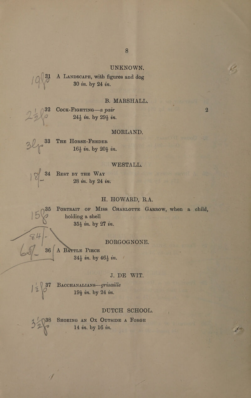UNKNOWN. <a L Py\) 31 A Lanpscaps, with figures and dog rry 30 in. by 24 in. B. MARSHALL. 32 Cock-FiaHTINc—a pair 2 \< 244 in. by 294 am. MORLAND. f) : 33 THe Horsst-FEEDER si 164 in. by 204 in. WESTALL. oy 34 Rest By THE Way | ug 28 in. by 24 am. H. HOWARD, R.A. _ 35 Portrair or Miss CHArRLorrE Garrow, when a child, | b \2 holding a shell Xv 354 im. by 27 in. pears. i eed X\ | GHi- % | x BORGOGNONE. a) ees Biv Puce gee re 341 in. by 46} in. J. DE WIT. 1 0 87 Baccnanarians—grisatlle Beak 194 in. by 24 an. \ DUTCH SCHOOL. 4 Ae SHorine an Ox Ovrsipe 4 Force