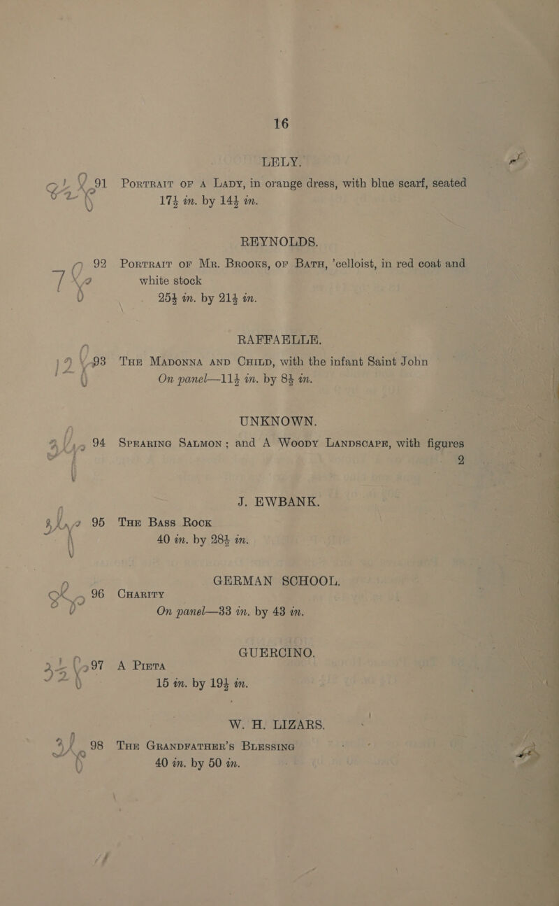 = oe aw Fe] i} y Ww : 7 \ v/ 92 , 94 Aka 95 ok, 96 2+ Vo97 4} 98 16 LELY. eet PortRAIt OF A Lapy, in orange dress, with blue scarf, seated 174 wn. by 144 m. REYNOLDS. Portrait oF Mr. Brooks, or Bata, ’celloist, in red coat and b] bf b white stock 254 in. by 214 an. RAFFAELLE. THE Maponna AND Cuinp, with the infant Saint John On panel—114 in. by 8% an. UNKNOWN. SPEARING SaumMon; and A Woopy Lanpscapsr, with figures 2 J. EHWBANK. THe Bass Rock 40 mm. by 284 an. GERMAN SCHOOL. CHARITY On panel—33 in. by 43 in. GUERCINO. A Prieta 15 wn. by 194 in. W. H. LIZARS. THE GRANDFATHER'S BuESSING 40 an. by 50 am.