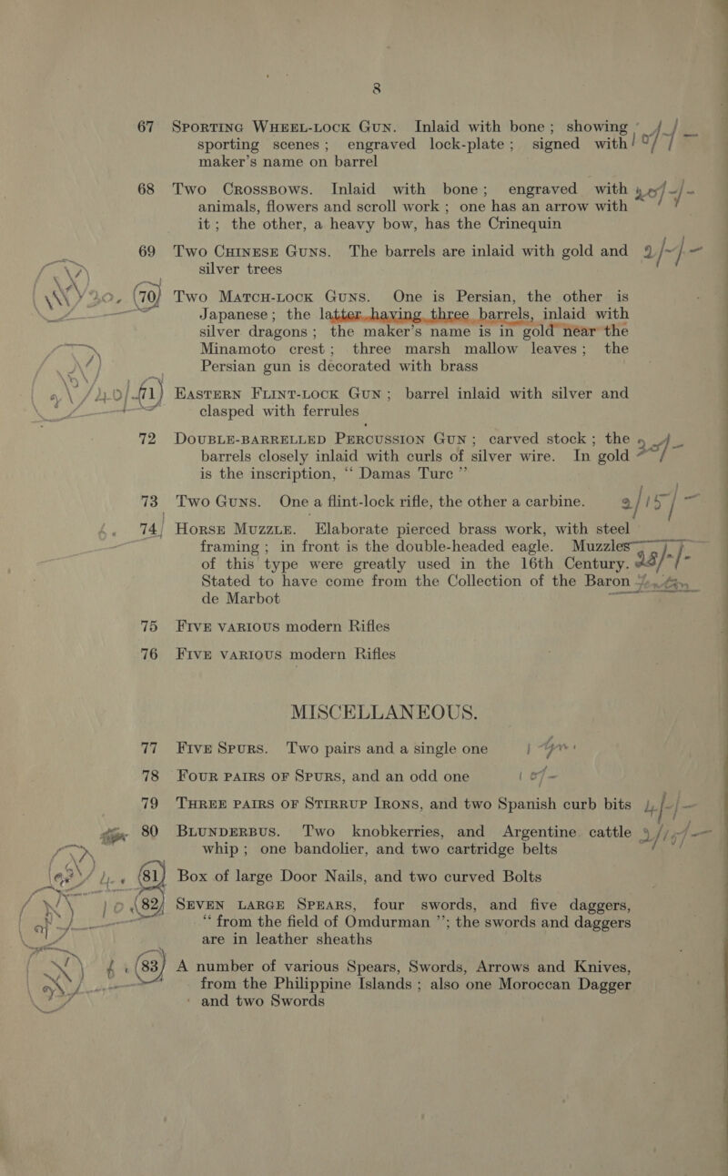 67 68  £5 f 4 8 SporTING WHEEL-LOCK GuN. Inlaid with bone; showing ’_/_ / sporting scenes; engraved lock-plate; signed with maker’s name on barrel Two Crosspows. Inlaid with bone; engraved with » ¢ ner] 1 animals, flowers and scroll work ; one has an arrow with it; the other, a heavy bow, has the Crinequin silver trees Two Marcu-tock Guns. One is Persian, the other is Japanese; the latter,having, three _ barrels, inlaid with silver dragons; the maker’s name is in gold 3 néar the Minamoto crest; three marsh mallow leaves; the Persian gun is decorated with brass EASTERN Fuiint-Lock GuN; barrel inlaid with silver and clasped with ferrules DOUBLE-BARRELLED PERCUSSION GUN; carved stock; the 2 of barrels closely inlaid with curls of silver wire. In gold is the inscription, ““ Damas Turc ”’ Two Guns. One a flint-lock rifle, the other a carbine. 2 / a | = Horsrt Muzzur. Elaborate pierced brass work, with steel framing ; in front is the double-headed eagle. Muzzles~) }- of this type were greatly used in the 16th Century. &amp; is a Stated to have come from the Collection of the Baron Jenny de Marbot 7 a FIVE VARIOUS modern Rifles FIVE VARIOUS modern Rifles MISCELLANEOUS. Five Spurs. Two pairs and a single one | “yrs FOUR PAIRS OF SPURS, and an odd one | 67 whip; one bandolier, and two cartridge belts SEVEN LARGE SPEARS, four swords, and five daggers, “from the field of Omdurman ’ ’; the swords and daggers are in leather sheaths from the Philippine Islands ; also one Moroccan Dagger ‘ and two Swords .