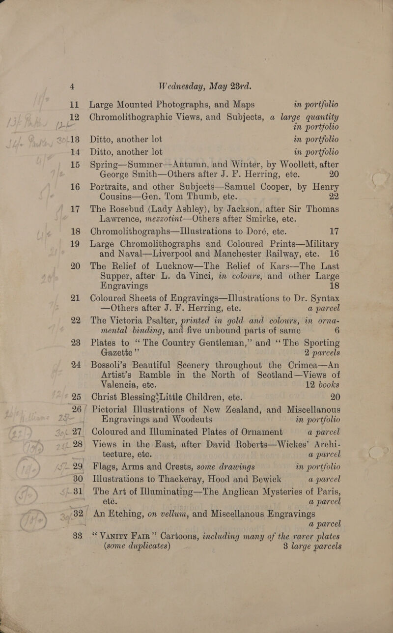  Chromolithographic Views, and Subjects, a large quantity in portfolio Ditto, another lot m portfolio Ditto, another lot | | im portfolio Spring—Summer—Autumn, and Winter, by Woollett, after George Smith—Others after J. F'. Herring, ete. 20 Portraits, and other Subjects—Samuel Cooper, by Henry Cousins—Gen. Tom Thumb, ete. We The Rosebud (Lady Ashley), by Jackson, after Sir Thomas Lawrence, mezzotint—Others after Smirke, ete. Chromolithographs—Illustrations to Doré, etc. _ 17 Large Chromolithographs and Coloured Prints—Military and Naval—Liverpool and Manchester Railway, etc. 16 The Relief of Lucknow—The Relief of Kars—The Last Supper, after L. da Vinci, in colowrs, and other Large Engravings 18 Coloured Sheets of Deere tation to Dr. Syntax —Others after J. F'. Herring, etc. a parcel The Victoria Psalter, printed in gold and colow’'s, in orna- mental binding, and five unbound parts of same 6 Plates to ‘‘ The Country Gentleman,’ and ‘‘The Sporting Gazette ”’ 2, parcels Bossoli’s Beautiful Scenery throughout the Crimea—An Artist’s Ramble in the North of Scotland—Views of Valencia, etc. 12. books Christ Blessing: hittle Children, ete. 20 * Pictorial Illustrations of New Zealand, and Miscellanous Engravings and Woodcuts in portfolio Coloured and Illuminated Plates of Ornament a parcel Views in the East, after David Roberts—Wickes’ Archi- tecture, etc. a parcel Flags, Arms and Crests, some drawings in portfolio Illustrations to Thackeray, Hood and Bewick a parcel The Art of Illuminating—The Anglican Mysteries of Paris, etc. a parcel a parcel “Vanity Farr’? Cartoons, including many of the rarer plates (some duplicates) 3 large parcels