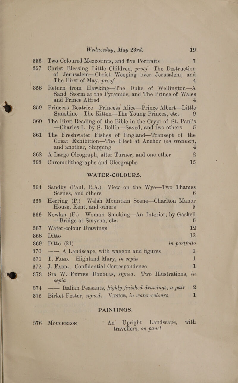  356 307 358 359 360 361 362 368 364 365 366 367 368 369 370 371 372 373 374 37d 376 Wednesday, M. ay 23rd. 19 Two Coloured Mezzotints, and five Portraits i Christ Blessing Little Children, proof—The Destruction of Jerusalem-—-Christ Weeping over Jerusalem, and The First of May, proof Return from Hawkinge—The Duke of Wellington—A Sand Storm at the Pyramids, and The Prince of Wales and Prince Alfred “ Princess Beatrice—Princess Alice-——Prinee Albert—Little Sunshine—The Kitten—The Young Princes, ete. 9 The First Reading of the Bible in the Crypt of St. Paul’s —Charles I., by 8. Bellin—Saved, and two others 5 The Freshwater Fishes of England—Transept of the Great Exhibition—The Fleet at Anchor (on singing and another, Shipping A Large Oleograph, after Turner, and one other ; Chromolithographs and Oleographs 15 WATER-COLOURS. Sandby (Paul, R.A.) View on the Wye—Two Thames Scenes, and others 6 Herring (P.) Welsh Mountain Scene—Charlton Manor House, Kent, and others 5 Nowlan (F.) Woman Smoking—An Interior, by Gaskell —Bridge at Smyrna, ete. 6 Water-colour Drawings 12 Ditto 12 Ditto (21) in portfolio —— A Landscape, with waggon and figures eer T. Fanp. Highland Mary, in sepia 1 J. Fasp. Confidential Correspondence 1 Sir W. Ferres Doveuas, signed. Two Illustrations, im sepia | —— Italian Peasants, highly finished drawings, a pair 2 Birket Foster, signed. VENICE, in water-colours (: PAINTINGS. MovcHERON An Upright Landscape, with travellers, on panel