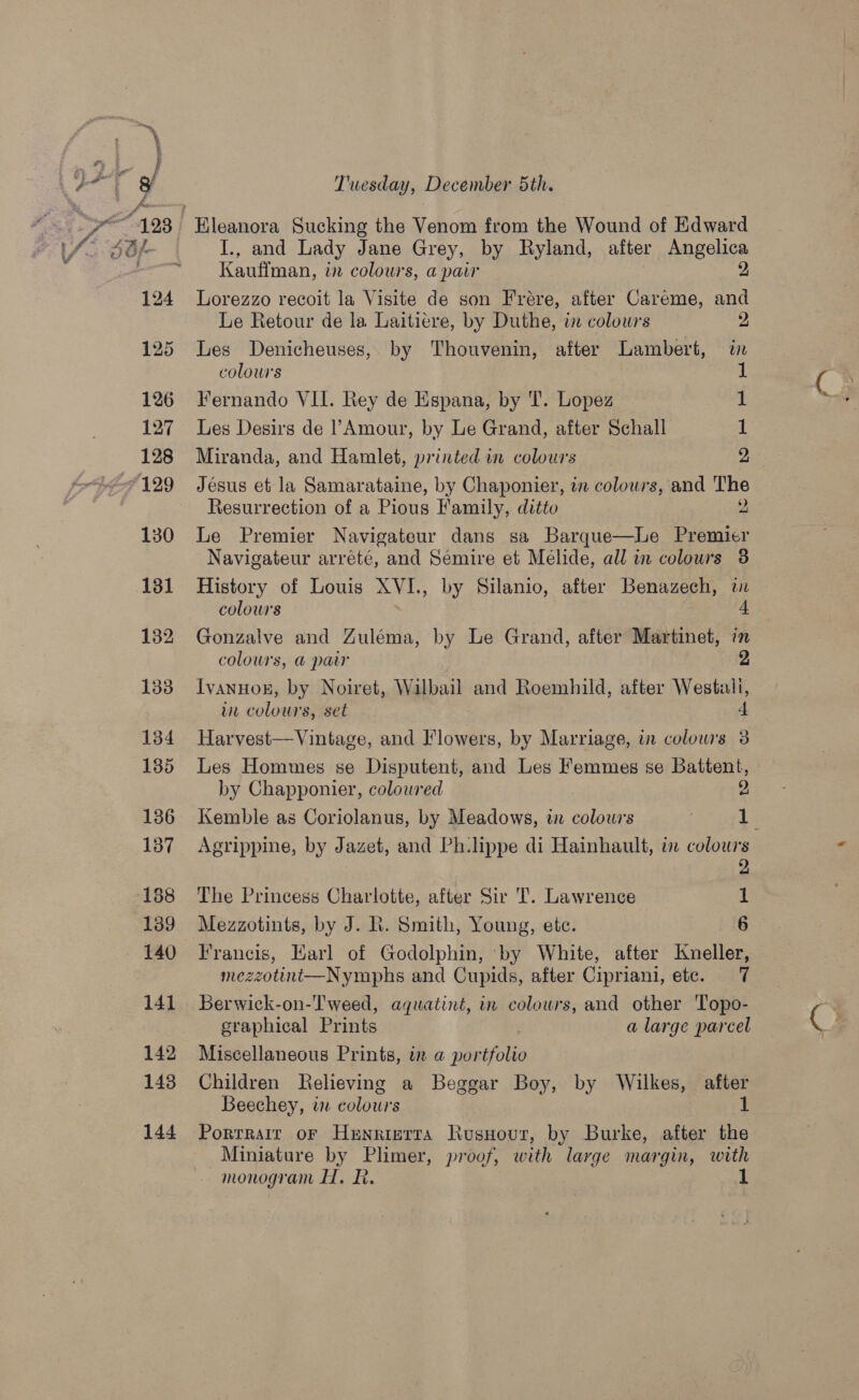 “198 | ve) I Tuesday, December 5th. Blewnora Sucking the Vehow from the Wound of Edward I., and Lady Jane Grey, by Ryland, after Angelica 2 Kauffman, in colours, a parr Lorezzo recoit la Visite de son Frére, after Careme, and Le Retour de la Laitiere, by Duthe, in colours 2 Les Denicheuses, by Thouvenin, after Lambert, in colowrs if Fernando VII. Rey de Espana, by T. Lopez 1 Les Desirs de l’ Amour, by Le Grand, after Schall 1 Miranda, and Hamlet, printed in colours 2 Resurrection of a Pious Family, ditto 2 Le Premier Navigateur dans sa Barque—Le Premier Navigateur arrete, and Semire et Melide, all m colours 3 History of Louis AVL, by Silanio, after Benazech, in colours 4 Gonzalve and Zuléma, by Le Grand, after Martinet, in colours, @ parr 2 Ivanuon, by Noiret, Wilbail and Roemhild, after Westali, Les Hommes se Disputent, and Les Femmes se Battent, by Chapponier, colowred 2 Kemble as Coriolanus, by Meadows, w colours : 1 The Princess Charlotte, after Sir T. Lawrence 1 Mezzotints, by J. R. Smith, Young, ete. 6 mezzottrnt—Nymphs and Cupids, after Cipriani, etc. 7 Berwick-on-T'weed, aquatint, in colours, and other Topo- sraphical Prints a large parcel Miscellaneous Prints, in a esifntio Children Relieving a Beggar Boy, by Wilkes, after Beechey, iw colours 1 Portrait or Henrinrta Rusuour, by Burke, after the Miniature by Plimer, proof, with large margin, with monogram H. R. r™