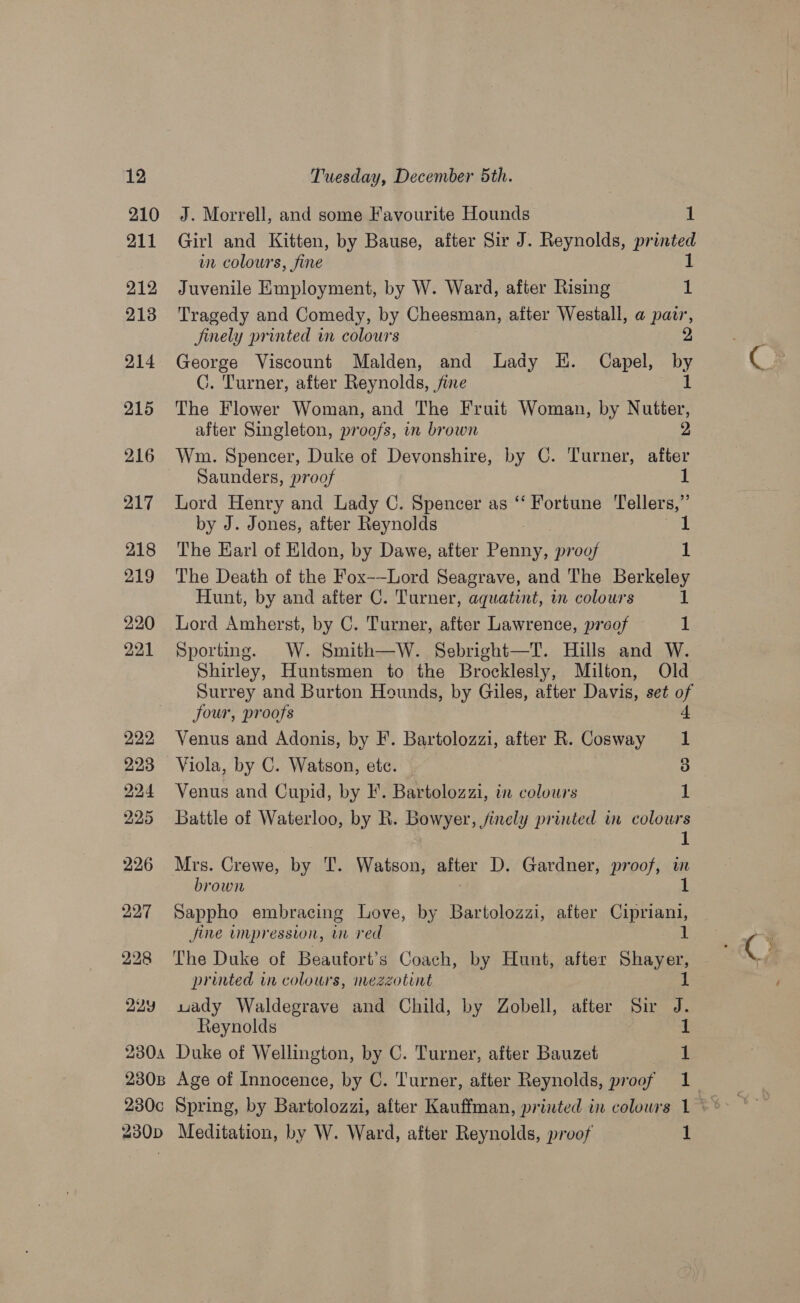 210 211 212 213 214 215 216 217 218 219 220 221 22y J. Morrell, and some Favourite Hounds i Girl and Kitten, by Bause, after Sir J. Reynolds, printed wn colours, fine 1 Juvenile Employment, by W. Ward, after Rising 1 Tragedy and Comedy, by Cheesman, after Westall, a pair, finely printed in colours 2 George Viscount Malden, and Lady H. Capel, by C. Turner, after Reynolds, fine 1 The Flower Woman, and The Fruit Woman, by Nutter, after Singleton, proofs, in brown 2 Saunders, proof 1 Lord Henry and Lady C. Spencer as ‘‘ Fortune Tellers,” by J. Jones, after Reynolds 1 The Harl of Eldon, by Dawe, after pine proof 1 The Death of the Fox-—Lord Seagrave, and The Berkeley Hunt, by and after C. Turner, aquatent, in colours 1 Lord Amherst, by C. Turner, after Lawrence, proof 1 Sporting. W. Smith—W. Sebright—T. Hills and W. Shirley, Huntsmen to the Brocklesly, Milton, Old Surrey and Burton Hounds, by Giles, after Davis, set of four, proofs Venus and Adonis, by F'. Bartolozzi, after R. Cosway ; Viola, by C. Watson, etc. 3 Venus and Cupid, by I’. Bartolozzi, in colours 1 Battle of Waterloo, by R. Bowyer, finely printed in colours 1 brown Sappho embracing Love, by Bartolozzi, after Cipriani, Jine impression, in red The Duke of Beaufort’s Coach, by Hunt, after Shayer, printed in colours, mezzotint 1 uady Waldegrave and Child, by Zobell, after Sir J. Reynolds | a