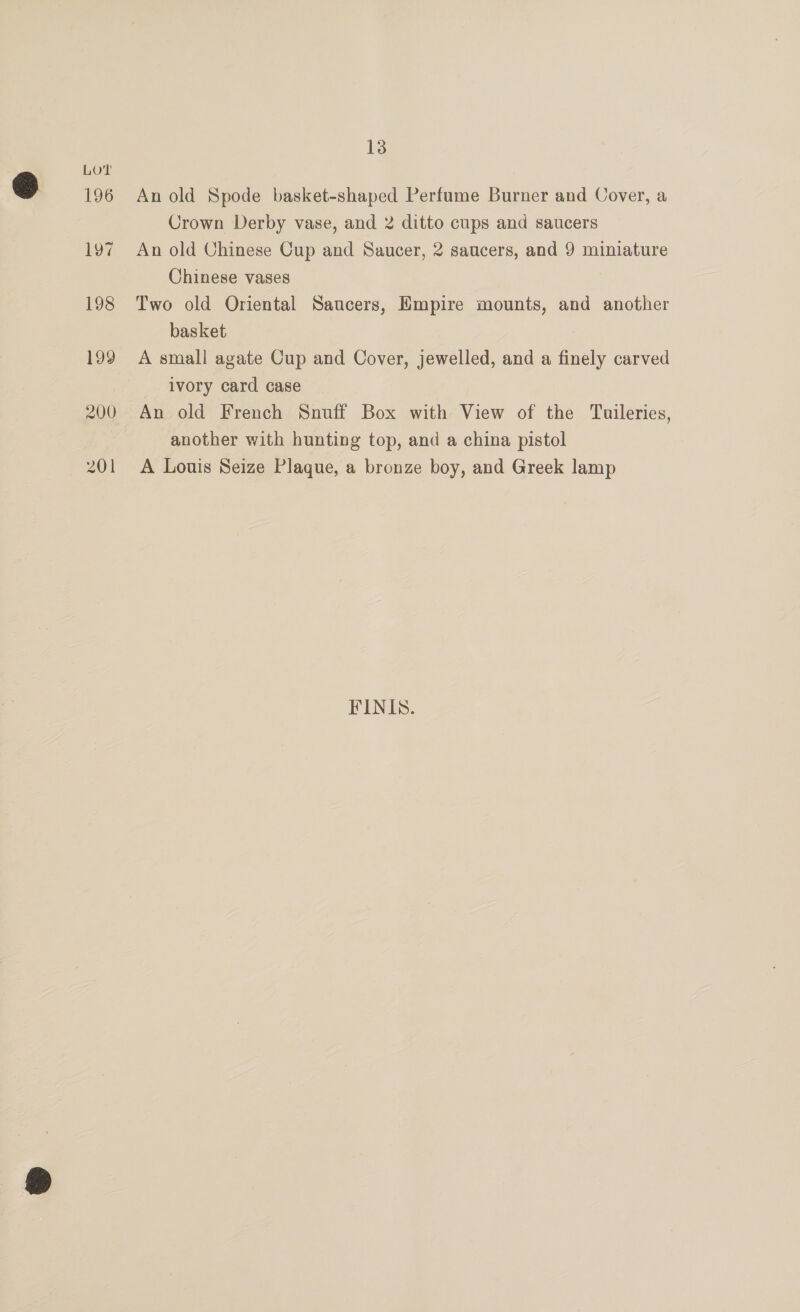 196 An old Spode basket-shaped Perfume Burner and Cover, a Crown Derby vase, and 2 ditto cups and saucers 197 An old Chinese Cup and Saucer, 2 saucers, and 9 miniature Chinese vases 198 Two old Oriental Saucers, Empire mounts, and another basket | 199 A small agate Cup and Cover, jewelled, and a finely carved ivory card case 200 An old French Snuff Box with View of the Tuileries, another with hunting top, and a china pistol 201 A Louis Seize Plaque, a bronze boy, and Greek lamp FINIS.