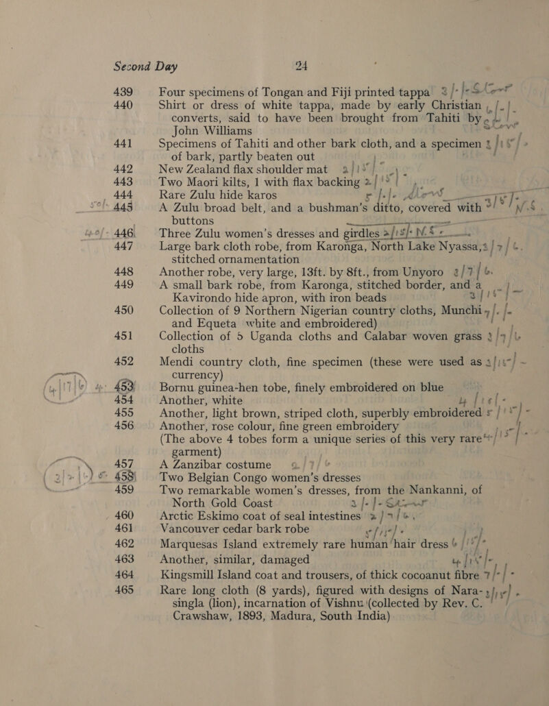 439 440 44] Pe Four specimens of Tongan and Fiji printed tappa @ Je |-S Shirt or dress of white tappa, made by early Christian , converts, said to have been brought from Tahiti bye John Williams awe zy Lee of bark, partly beaten out i. ag9 New Zealand flax shoulder mat 2/!* | Two Maori kilts, 1 with flax backing 2| AL Nae Rare Zulu hide karos ce fefe dhe A Zulu broad belt, and a bushman’s ditto, wan with buttons Three Zulu women’s dresses and girdles. > a/ g aftsfed NS e ig Large bark cloth robe, from Karonga, North Lake Nyassa stitched ornamentation Another robe, very large, 13ft. by 8ft., from Unyoro 3/7 |b. A small bark robe, from Karonga, stitched border, and a Kavirondo hide apron, with iron beads : , * | if and Equeta white and embroidered) prs. / cloths currency) Bornu guinea-hen tobe, finely embroidered on blue Another, white Another, rose colour, fine green embroidery garment) A Zanzibar costume 4 Two Belgian Congo women ’s iiss Two remarkable women’s dresses, from the Nankanni, of North Gold Coast 3 /-)-Steer Arctic Eskimo coat of seal intestines 2 } | we Vancouver cedar bark robe wits }. a Marquesas Island extremely rare human‘hair dress © | '*/* Another, similar, damaged te fr ‘I. Kingsmill Island coat and trousers, of thick cocoanut fibre 7 Rare long cloth (8 yards), figured with designs of Nara- ; singla (lion), incarnation of Vishnu (collected by Rev. C. Crawshaw, 1893, Madura, South India) Pe ‘a es /-|- afi) -