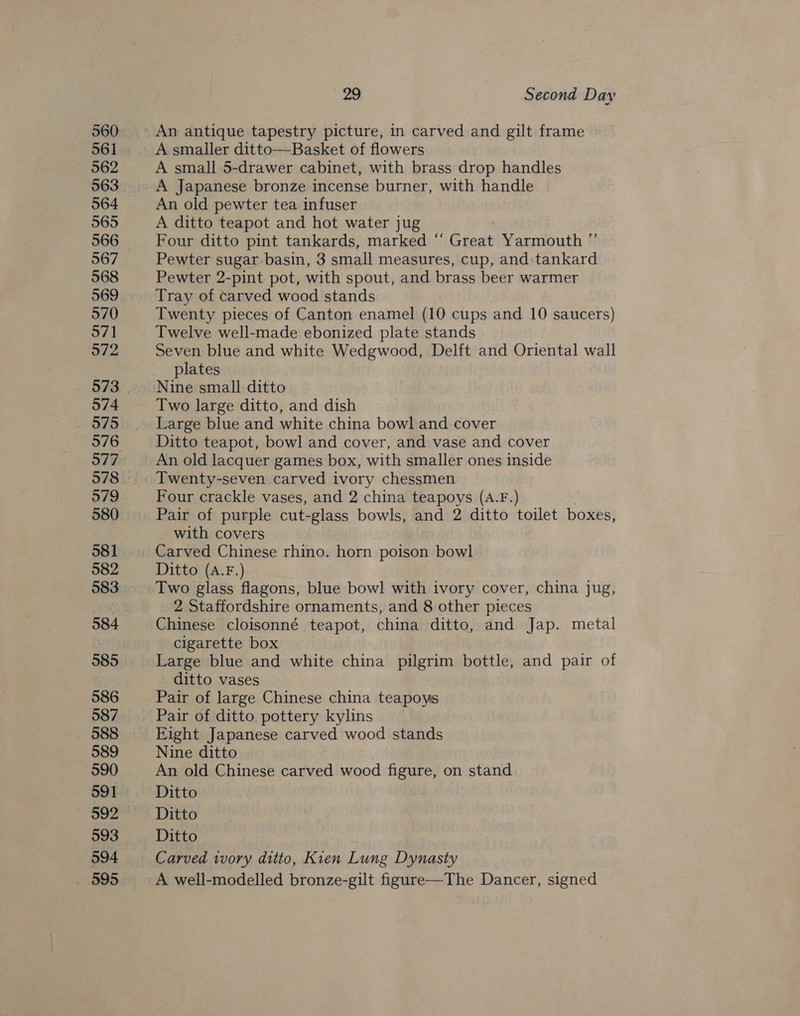 560 561 562 963 564 565 566 567 568 569 570 571 972 574 575 576 979 580 581 582 583 584 585 586 587 588 589 590 592 593 594 29 Second Day An antique tapestry picture, in carved and gilt frame A small 5-drawer cabinet, with brass drop handles A Japanese bronze incense burner, with handle An old pewter tea infuser A ditto teapot and hot water jug Four ditto pint tankards, marked ‘ “Gtaet Yarmouth ”’ Pewter sugar basin, 3 small measures, cup, and: tankard Pewter 2-pint pot, with spout, and brass beer warmer Tray of carved wood stands Twenty pieces of Canton enamel (10 cups and 10 saucers) Twelve well-made ebonized plate stands Seven blue and white Wedgwood, Delft and Oriental wall plates Two large ditto, and dish Large blue and white china bowl and cover Ditto teapot, bowl and cover, and vase and cover An old lacquer games box, with smaller ones inside Four crackle vases, and 2 china teapoys (A.F.) Pair of purple cut-glass bowls, and 2 ditto toilet boxes, with covers Ditto (A.F.) Two glass flagons, blue bowl with ivory cover, china jug, 2 Staffordshire ornaments, and 8 other pieces Chinese cloisonné teapot, china ditto, and Jap. metal cigarette box Large blue and white china pilgrim bottle, and pair of ditto vases Pair of large Chinese china teapoys Pair of ditto pottery kylins Eight Japanese carved wood stands Nine ditto An old Chinese carved wood figure, on stand Ditto Ditto Ditto Carved tory ditto, Kien Lung Dynasty