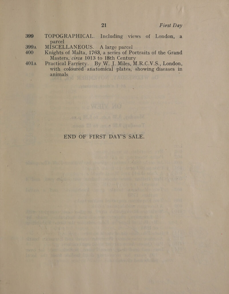 399 399A 400 401A 21 First Day TOPOGRAPHICAL. Including views of London, a parcel | MISCELLANEOUS. A large parcel Masters, circa 1013 to 18th Century Practical Farriery. By W. J. Miles, M.R.C.V.S., London, with coloured anatomical plates, showing diseases in animals EN Or FIRST BAYS sack.