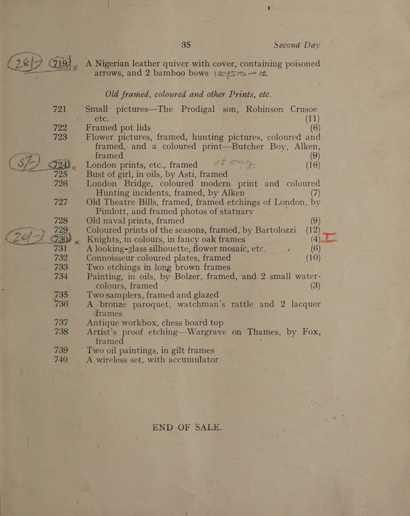 is 721 722 723 ss LO 2D Lf. . eres, 725 726 737 (70/-) — 35 Second Day arrows, and 2 bamboo bows IZYSIO — IL, Old framed, coloured and other Prints, etc. Small pictures—The Prodigal son, Robinson Crusoe. BC: (11) Framed pot lids (6) Flower pictures, framed, hunting pictures, coloured and framed, and a coloured print—Butcher Boy, Alken, framed hs (9) London prints, etc., framed ‘ (16) Bust of girl, in oils, by Asti, framed London Bridge, coloured modern print and coloured Hunting incidents, framed, by Alken (7) Old Theatre Bills, framed, framed etchings of London, by Pimlott, and framed photos of statuary ‘ Old naval prints, framed (9 Coloured prints of the seasons, framed, by Bartolozzi (12 Knights, in colours, in fancy oak frames (4 A looking-zglass silhouette, flower mosaic, etc. (6 Connoisseur coloured plates, framed (10 Two etchings in long brown frames Painting, in oils, by Bolzer, framed, and 2 small water- colours, framed Two samplers, framed and glazed A bronze paroquet, watchman’s rattle and 2 lacquer frames Antique workbox, chess board top Artist’s proof etching—-Wargrave on Thames, by Fox, framed ; Two oil paintings, in gilt frames A wireless set, with accumulator END OF SALE,