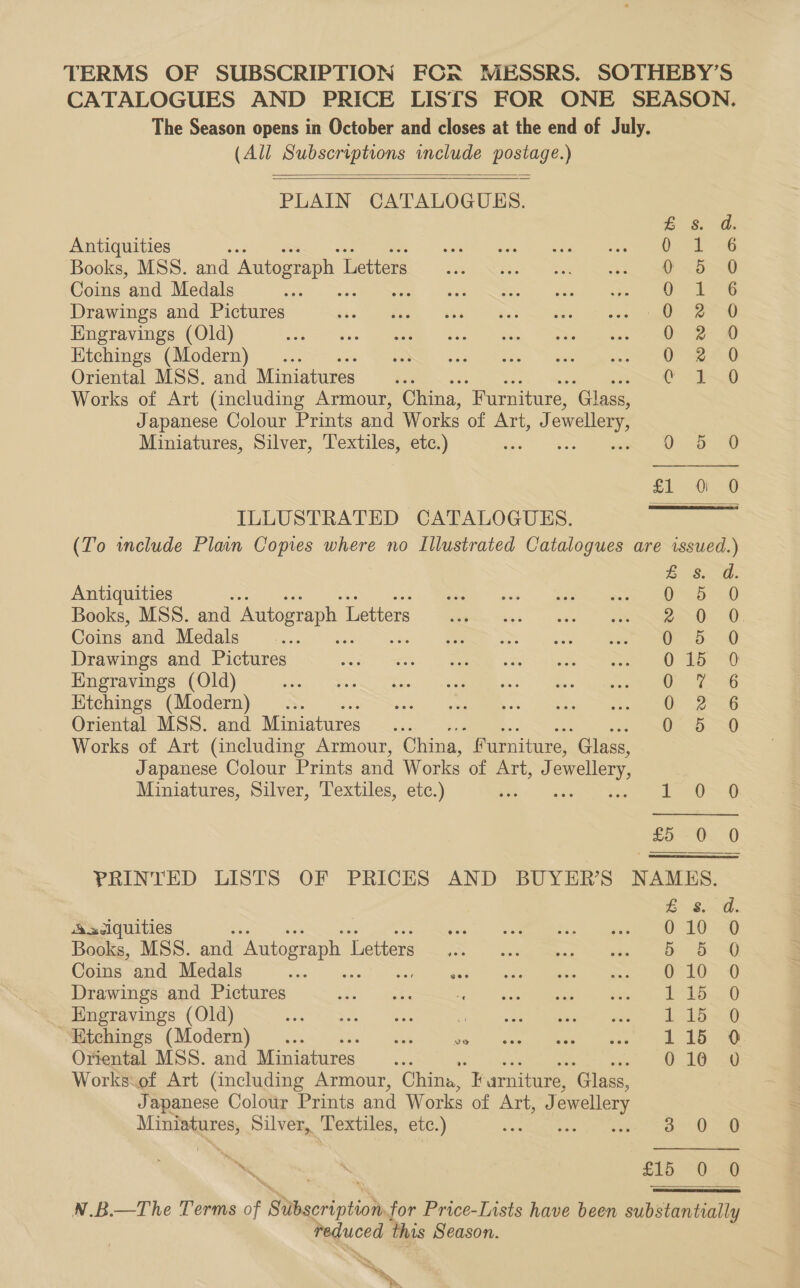 TERMS OF SUBSCRIPTION FCR MESSRS. SOTHEBY’S CATALOGUES AND PRICE LISTS FOR ONE SEASON. The Season opens in October and closes at the end of July. (All Subscriptions include postage.)   PLAIN CATALOGUES. Zs. d. Antiquities ; ee Aa Books, MSS. and Autograph 1 Letters Y 50 Coins and Medals ie ee Drawings and Pictures ulin eee Engravings (Old) 0 2 0 Ktchings (Modern) ee a Oriental MSS. and Miniatures... SIO Works of Art (including Armour, China, “Furniture, ‘Glass, Japanese Colour Prints and Works of Art, o) owellery, Miniatures, Silver, Textiles, etc.) a 0 2 0 ILLUSTRATED CATALOGUES. (To include Plain Copies where no Illustrated Catalogues are issued.) eS Antiquities OM SD Books, MSS. and Autograph 1 Letters ze OK “0. Coins and Medals oo Q Drawings and Pictures 0 45-0 Engravings (Old) Le ome Etchings (Modern) .. GO 2-6 Oriental MSS. and Miniatures Ca eS Works of Art (including Armour, China, Furniture, “Glass, Japanese Colour Prints and Works of Art, J! ewellery, Miniatures, Silver, Textiles, etc.) Be «Dany NL tye = a CD £5 -0. 0 PRINTED LISTS OF PRICES AND BUYER'S NAMES. o> BiH, Asxeiquities vos, SOEs: eae at eo Books, MSS. and Autograph 1 Letters ee) (ss Soe guieie a: Saw Sees Meare Nas Coins and Medals a sdk” apo Mes. “aaa at eRe Drawings and Pictures ee Vu er ew ne Engravings (Old) Ys See cae age one ae eae ee Etchings (Modern) ... ee ER ea NSA, Oriental MSS. and Miniatures sie 0. 16-00 Works.of Art (including Armour, China, “Farniture, ‘Glass, Japanese Colour Prints and Works of ATT, J ewellery Miniatures, Silver, Textiles, etc.) ina | ye ~ et £15 0.0 N.B.—The Terms of Dsscription, for Price-Lists have been substantially wore this Season. »\