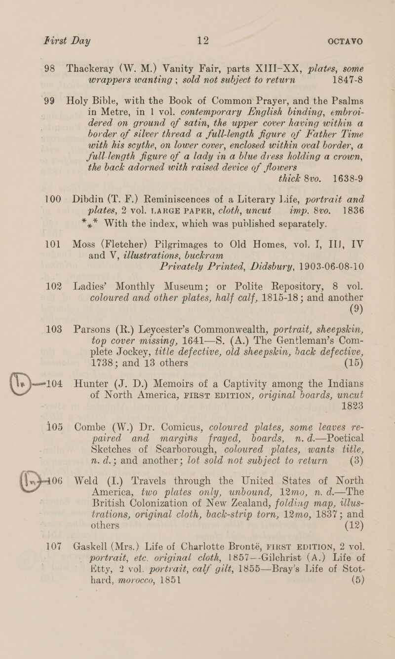 98 wrappers wanting ; sold not subject to return 1847-8 100 101 102 103 107 in Metre, in | vol. contemporary English binding, embrot- dered on ground of satin, the upper cover having within a border of silver thread a full-length figure of Father Time with his scythe, on lower cover, enclosed within oval border, a Sull-length figure of a lady in a blue dress holding a crown, the back adorned with raised device of flowers thick 8vo. 1638-9 Dibdin (T. F.) Reminiscences of a Literary Life, portrait and plates, 2 vol. LARGE PAPER, cloth, uncut imp. 8vo. 1836 *,* With the index, which was published separately. Moss (Fletcher) Pilgrimages to Old Homes, vol. I, IIJ, IV and V, zllustrations, buckram Privately Printed, Didsbury, 1903-06-08-10 Ladies’ Monthly Museum; or Polite Repository, 8 vol. coloured and other plates, half calf, 1815-18; and another (9) Parsons (R.) Leycester’s Commonwealth, portrait, sheepskin, top cover missing, 1641—S. (A.) The Gentleman’s Com- plete Jockey, title defective, old sheepskin, hack defective, 1738; and 13 others (15) Hunter (J. D.) Memoirs of a Captivity among the Indians of North America, FIRST EDITION, original boards, uncut 1823 Combe (W.) Dr. Comicus, colowred plates, some leaves re- paired and margins frayed, boards, n. d.—Poetical Sketches of Scarborough, coloured plates, wants title, n.d.; and another; lot sold not subject to return (3) Weld (1.) Travels through the United States of North America, two plates only, unbound, 12mo, n. d—The British Colonization of New Zealand, foldi:g map, uUlus- trations, original cloth, back-strip torn, 12mo0, 1837; and others (12) Gaskell (Mrs.) Life of Charlotte Bronté, FIRST EDITION, 2 vol. portrait, etc. original cloth, \857—-Gilchrist (A.) Life of Ktty, 2 vol. portrait, calf gilt, 1855—Bray’s Life of Stot- hard, morocco, 1851 (5)