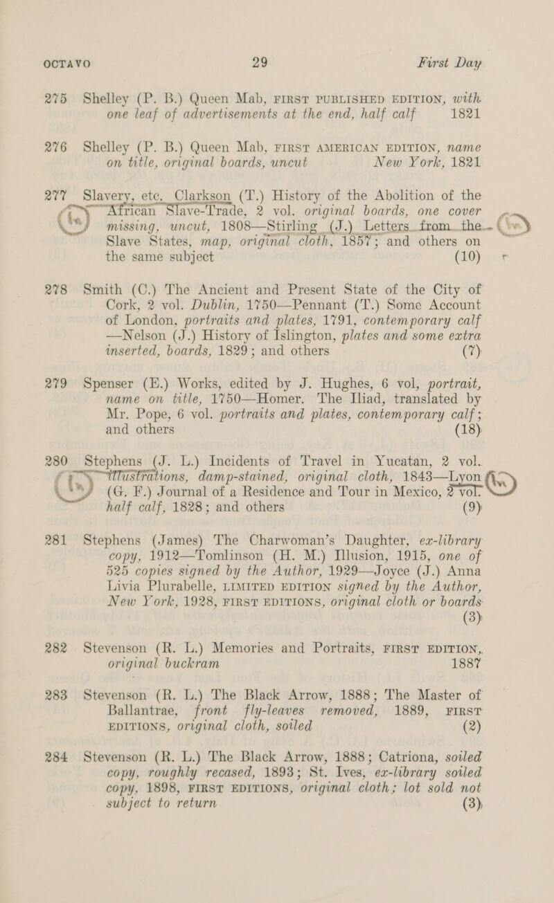 275 Shelley (P. B.) Queen Mab, FIRST PUBLISHED EDITION, with one leaf of advertisements at the end, half calf 1821 276 Shelley (P. B.) Queen Mab, FIRST AMERICAN EDITION, name on title, original boards, uncut New York, 1821 277 eels etc. Clarkson (T.) History of the Abolition of the “African Slave-Trade, 2 vol. original boards, one cover Slave States, map, original cloth, 1857; and others on the same subject (10) 278 Smith (C.) The Ancient and Present State of the City of Cork, 2 vol. Dublin, 1750—Pennant (T.) Some Account of London, portraits and plates, 1791, contemporary calf —Nelson (J.) History of Islington, plates and some extra inserted, boards, 1829; and others (7) 279 Spenser (.) Works, edited by J. Hughes, 6 vol, portrait, name on title, 1750—Homer. The Iliad, translated by Mr. Pope; 6 vol. portraits and plates, contemporary calf ; and others 18 280 Stephens (J. L.) Incidents of Travel in Yucatan, te ie fey half calf, 1828; and others 281 Stephens (James) The Charwoman’s Daughter, ez-library copy, 1912—Tomlinson (H. M.) Illusion, 1915, one of 525 copies signed by the Author, 1929—Joyce (J.) Anna Livia Plurabelle, LIMITED EDITION signed by the Author, New York, 1928, FIRST EDITIONS, original cloth or boards (3) 282 Stevenson (R. L.) Memories and Portraits, FIRST EDITION, original buckram 1887 Ballantrae, front fly-leaves removed, 1889, FIRST EDITIONS, “original cloth, soiled (2) 284 Stevenson (R. L.) The Black Arrow, 1888; Catriona, sotled copy, roughly recased, 1893; St. Ives, ea-library sotled copy, 1898, FIRST EDITIONS, original cloth; lot sold not