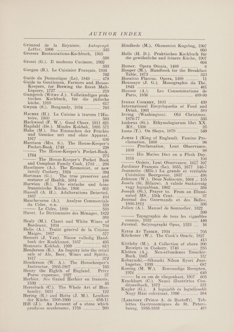  Autograph Grimrod de la MReyniere. MECEU OR LOOO! Lle.ccce ten eeiu leon aukstlace 333 Grosses Restaurations-Kochbuch, 1905 598 Grossi (G.). I] moderno Cucinere, 1902 593 Guegan (B.). Le Cuisinier Francais, 1934 702 Guide du Domestique (Le), 1849 ...... 478 Guide to Gentlemen, Farmers and House- Keepers, for Brewing the finest Malt- LTS Sore et 1/0 ee 218 Gumprich (Witwe J.). Vollstaindiges prak- tisches Kochbuch, fir die jiidische _ kiiche, eNO ee nena reeset hone sha ee sine 617 Hacnez (H.). La Cuisine &amp; travers ’His- So SA Ta emf ei gee a 583 Hackwood (F. W.). Good Cheer, 1911 621 Hagdahl (Dr.). Mindre Kokbok, 1895 571 Hahn (M.). Das Einmachen der Friichte und Gemiise mit und ohne Apparat, 1d LESS et ag SPIES Pe te cy nae ed 636 Harrison (Mrs. S.). The House-Keeper’s Pocket-Book, 1748 ...... ORs Sa eee 238 The House- Keeper’s Pocket-Book, Nie Let een ac tres h tAM eet a 275 The House-Keeper’s Pocket Book and Compleat Family Cook, 1783 ... 296 Haselmore (A.). The Economist, or new    family Cookery, 1894 0. &lt;ececoccoacs 394 Hartman (G.). The true preserver and restorer. of Health, 1684. .....2..&lt;.0:.:. 188 Harwien (B.). Die einfache und feine franzdsische Kiiche, 1906 ............. 601 Hassall (A. H.). Adulterations Detected, 2 Gale ches ita oe rt 9-1 A UE a 494 Hauchecorne (A.). Analyse Commerciale Gree lies ANI) o.oo tay ee aa 559 De Oigre.. 180) ne he 559 Havet. Le Dictionnaire des Ménages, 1822 389 Healy (M.). Claret and White Wines of Borceaus.: T9380 ios seein 704 Helie (A.). Traité général de la Cuisine ANE Sa bc? dna oe OO IO EE 577 Hemert (J. Van). Nieuw volledig Hand- boek der Kookkunst, 1857 ............ 495 Hemmets Kokbok, £000 3, Ss ee 613 Henderson (R.). An Inquiry into the retail sale of Ale, Beer, Wines and Spirits, EN TaN oye HM ARN a aN Za 372 Henderson (W. A.). The Housekeeper’s Instrietor, VS05-1807 | x. nvsiec cae cdesen: 105 Henry the Eighth of England. Privy Purse expenses, 1827 ...00s.heileccen 57 Herbier. See Grand Herbier en francois, 2 A a ed Ac 0S aT ae Tok 45 Heresbach (C.). The Whole Art of Hus- pein hy ie VO ley 2 hye Mahi sitocuee ee cece 122 Hering (R.) and Heitz (J. M.). Lexikon der Kiiche, 1908-1909 ............... 610-11 Hill (J.). An Account of a stone which produces mushrooms, 1758 ............ 269 Hindhede (M.), Okonomist Kogebog, 1907 603 Holle (H. D.). Praktisches Kochbuch fiir die gewohnliche und feinere Kiiche, 1907   604 Homer. Opera Omnia, 1488 ............ 6 Hooper (M.). Handbook for the Breakfast PRLS APS cel incense eerie tie enter 523 Horatius Flaccus. Opera, 1498 ......... it Houssaye (J. G.). Monographie du Thé, NS hay Se abla uss anche nae aay eee ee 461 Husson (A.). Les Consommations de MOAR Ss ALN aera tamer cae ieee wets oete ee 489-90 Iinpran; Cookiry, 1830.05 iinshovssees 439 International Encyclopedia ot Food and rls OO ay eek hate See kato 589 Irving (Washington). Old Christmas, ESO Ul Baoknenstas ict. oes asa Soe 535 Isidorus (St.). Ethymologiarum libri XX. DESI CS aa Ce Nee ae Oe Ure Y DR it ae 25 tsono.(T.). “On Soya, 1879 &lt;0. ..4.0.c58: 540 JAMES I (King of England). Famine Pro- Clammabion TOO8 Ma. cssikds wor ccta hs oneeeese 96 Proclamation ._ Lent Observance, NL Ma aN AMA ER Rr eee ee Rou ate Vs 98 His Maties Diet on a Flesh Day, LG NG es Be tes ce tae Petree A hoo ced ert a rae 106 Orders, ‘Lent Observance, 1617 107 Jardinier Francois (Le), 1655, 1677 146-7 Jeannette (Mlle.) La grande et véritable Cuisiniére Bourgeoise, 1857 ......... 496 Johnson (W.). Deus Nobiscum, 1664 .. 155 Josefa (St. Hilaire). A valéde Szakdcssdg vagy lecujabban, 1909 2... 5.0.005..5. &lt;0: 594 Joseph (St.), Prayer to. From an [lumi- naved. WS.. bth Cent. \s.25.5..0.4.4. Journal des Gourmands et des Belles,   ASO GBM rs neo uae aks nee 336 Julien (A.). Manuel de Sommelier, 1822 390 Topographie de tous les vignobles COMMAES, US Oe oles Aken fae rl: ee ccna: Aoee 440 Juvenal. Satyrographi Opus, 1523 ... 16 Keiae Ag Taser 1984 a 705 Kitchener (W.). The Cook’s Oracle, 1827 413 Kittleby (M.). A Collection of above 300 Receipts in Cookery, 1746 ............ B35 Kletten (A.). Neu-erfundenes Trenchir- | UG) S100 ag a eee A et 157 Kobayashi, —Sikuseki Nihon Ryori Juni- tvamonetl, VOBO- an ..ctatane dove tanclas: coats 687 Koning (M. W.). Eenvoudige Recepten, RS 0 IGA oa Teer Ns ent PAM E Aten ara 649  In en om de vliegenkast, 1907 605 Krackhart (C.). Neues illustrirtes Con- Gigorevbmeh: “TB 2: c. 0 co. ss cnanesaeteanss Ge Od Kugler (G.). &lt;A legujabb és legteljesebb Nagy Hazi eukraszat, 1900 ............ 584 [LaBaNnorr (Prince A. de Rostoff)]. Tab- lettes Gastronomiques de St. Peters- ote, USHG-1B58 ..d sco. secon den estes 49]