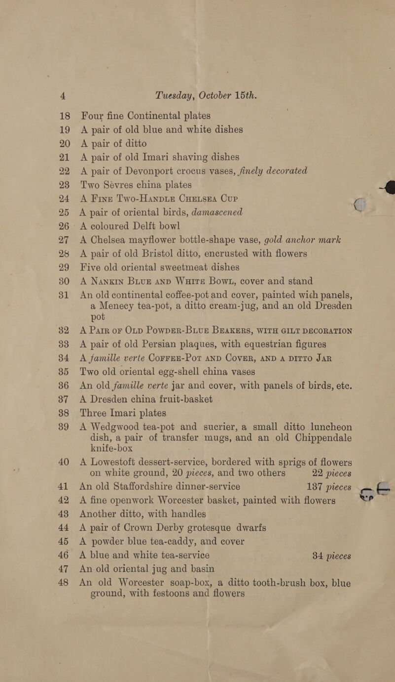 Four fine Continental plates A pair of old blue and white dishes A pair of ditto A pair of old Imari shaving dishes A pair of Devonport crocus vases, jinely decorated Two Sevres china plates A Frnt Two-Hanpii CHELSEA Cup A pair of oriental birds, damascened A coloured Delft bowl A Chelsea mayflower bottle-shape vase, gold anchor mark A pair of old Bristol ditto, encrusted with flowers Five old oriental sweetmeat dishes A Nanxtn Buus anp Waite Bow, cover and stand An old continental coffee-pot and cover, painted wich panels, a Menecy tea-pot, a ditto cream-jug, and an old Dresden pot A Parr or OLp PowpER-BuvuE BEAKERS, WITH GILT DECORATION A pair of old Persian plaques, with equestrian figures A famille verte CoFFEE-Pot anD CovER, AND A DITTO JAR Two old oriental egg-shell china vases An old famille verte jar and cover, with panels of birds, etc. A Dresden china fruit-basket Three Imari plates A Wedgwood tea-pot and sucrier, a small ditto luncheon dish, a pair of transfer mugs, and an old Chippendale knife-box A Lowestoft dessert-service, bordered with sprigs of flowers on white ground, 20 pieces, and two others 22 pieces An old Staffordshire dinner-service 137 pieces ‘= A fine openwork Worcester basket, painted with flowers or Another ditto, with handles A pair of Crown Derby grotesque dwarfs A powder blue tea-caddy, and cover A blue and white tea-service 34 pieces An old oriental jug and basin An old Worcester soap-box, a ditto tooth-brush box, blue ground, with festoons and flowers  EX