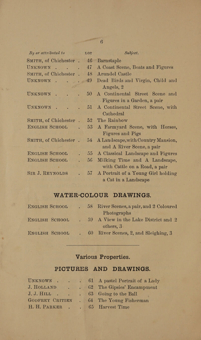 UNKNOWN UNKNOWN UNKNOWN UNKNOWN ENGLISH SCHOOL ENGLISH SCHOOL ENGLISH SCHOOL SIR J. REYNOLDS A Coast Scene, Boats and Figures Arundel Castle Dead Birds and Virgin, Child and Angels, 2 3 A Continental Street Scene and Figures in a Garden, a pair Cathedral The Rainbow A Farmyard Scene, with Horses, Figures and Pigs A Landscape,with Country Mansion, and A River Scene, a pair A Classical Landscape and Figures Milking Time and A Landscape, with Cattle on a Road, a pair A Portrait of a Young Girl holding a Cat in a Landscape ENGLISH SCHOOL ENGLISH SCHOOL ENGLISH SCHOOL D8 og 60 River Scenes, a pair, and 2 Coloured Photographs A View in the Lake District and 2 others, 3 River Scenes, 2, and Sleighing, 3 UNKNOWN J. HOLLAND J.J. HILL GODFREY CRITIEN H.i, PARKER . A pastel Portrait of a Lady The Gipsies’ Encampment Going to the Ball . The Young Fisherman Harvest Time