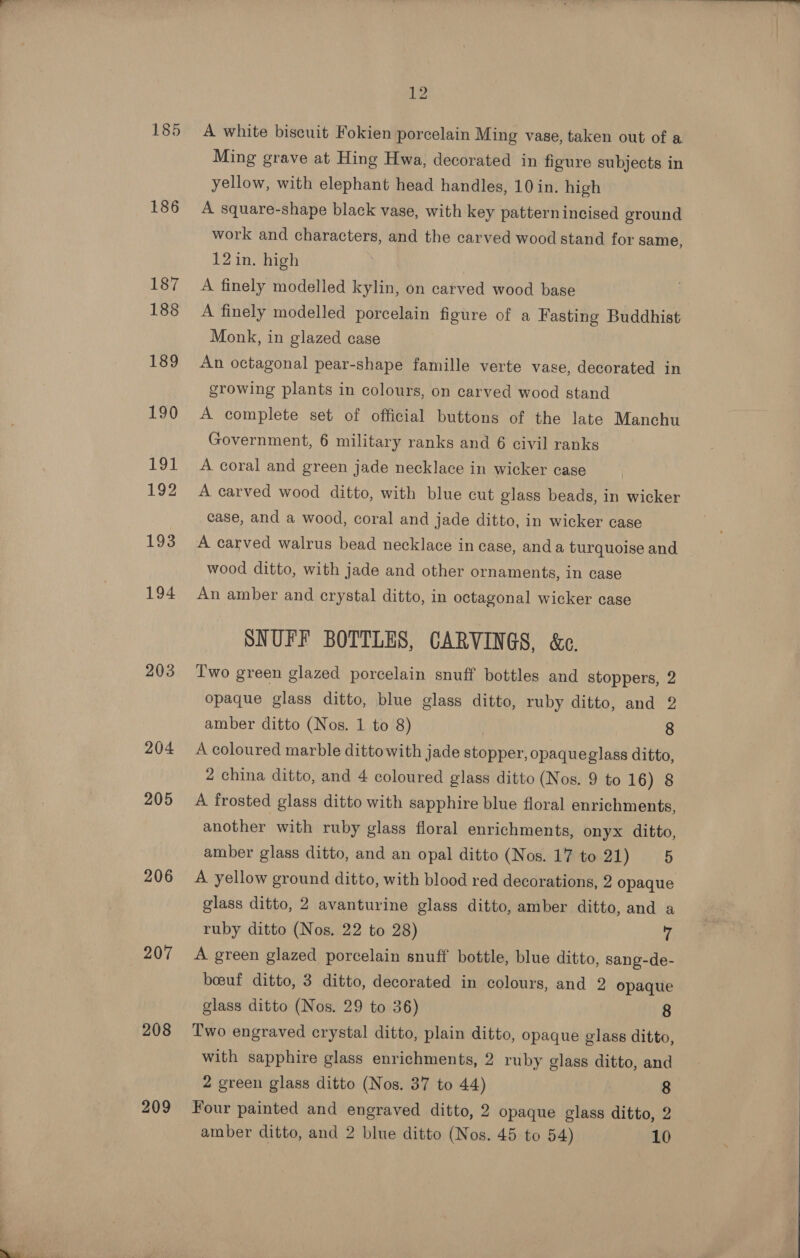 185 186 187 188 189 190 191 192 193 194 203 204 205 206 207 208 209 12 A white biscuit Fokien porcelain Ming vase, taken out of a Ming grave at Hing Hwa, decorated in figure subjects in yellow, with elephant head handles, 10 in. high A square-shape black vase, with key pattern incised ground work and characters, and the carved wood stand for same, 12in. high A finely modelled kylin, on carved wood base A finely modelled porcelain figure of a F asting Buddhist Monk, in glazed case An octagonal pear-shape famille verte vase, decorated in growing plants in colours, on carved wood stand A complete set of official buttons of the late Manchu Government, 6 military ranks and 6 civil ranks A coral and green jade necklace in wicker case A carved wood ditto, with blue cut glass beads, in wicker case, and a wood, coral and jade ditto, in wicker case wood ditto, with jade and other ornaments, in case An amber and crystal ditto, in octagonal wicker case SNUFF BOTTLES, CARVINGS, &amp;e. Two green glazed porcelain snuff bottles and stoppers, 2 opaque glass ditto, blue glass ditto, ruby ditto, and 2 amber ditto (Nos. 1 to 8) 8 A coloured marble ditto with jade stopper, opaque glass ditto, 2 china ditto, and 4 coloured glass ditto (Nos. 9 to 16) 8 A frosted glass ditto with sapphire blue floral enrichments, another with ruby glass floral enrichments, onyx ditto, amber glass ditto, and an opal ditto (Nos. 17 to 21) ‘5 A yellow ground ditto, with blood red decorations, 2 opaque glass ditto, 2 avanturine glass ditto, amber ditto, and a ruby ditto (Nos. 22 to 28) 7 A green glazed porcelain snuff bottle, blue ditto, sang-de- boeuf ditto, 3 ditto, decorated in colours, and 2 opaque glass ditto (Nos. 29 to 36) 8 Two engraved crystal ditto, plain ditto, opaque glass ditto, with sapphire glass enrichments, 2 ruby glass ditto, and 2 green glass ditto (Nos. 37 to 44) 8 Four painted and engraved ditto, 2 opaque glass ditto, 2