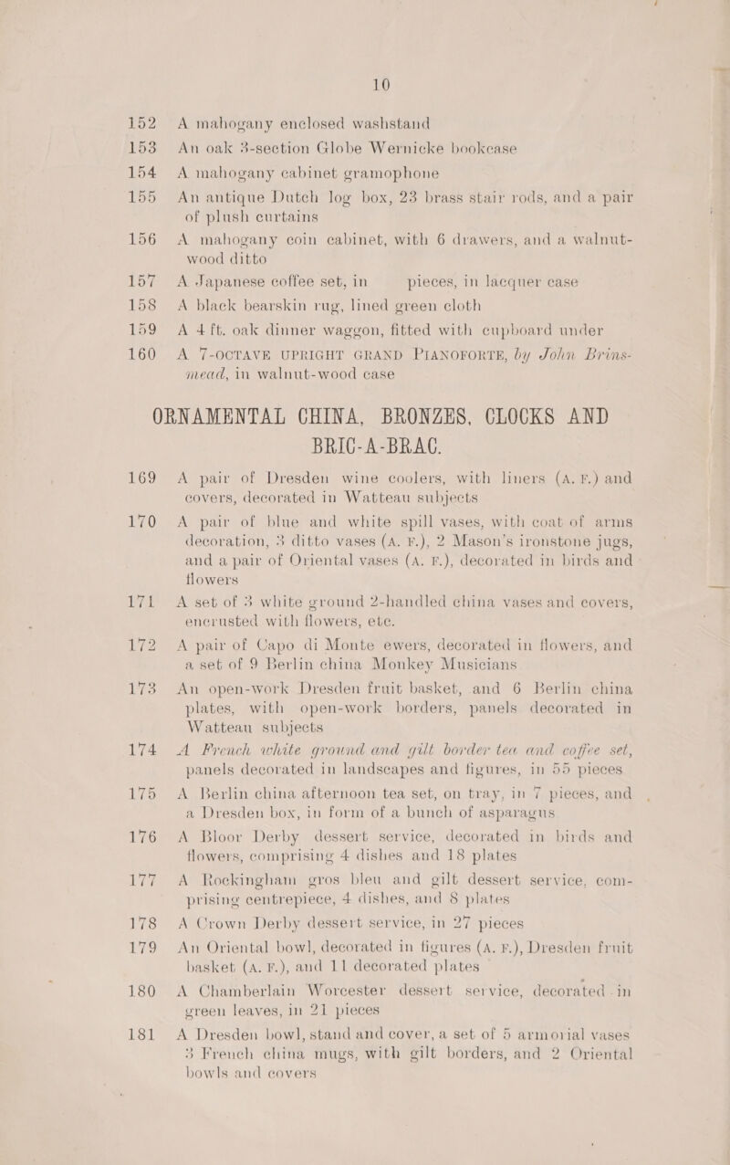 152 A mahogany enclosed washstand 153 An oak 3-section Globe Wernicke bookcase 154 A mahogany cabinet gramophone 155 An antique Dutch log box, 23 brass stair rods, and a pair of plush curtains 156 A mahogany coin cabinet, with 6 drawers, and a walnut- wood ditto 157 A Japanese coffee set, in pieces, in lacquer case 158 A black bearskin rug, lined green cloth 159 A 4ft. oak dinner waggon, fitted with cupboard under 160 <A 7-OCTAVE UPRIGHT GRAND PIANOFORTE, by John Brins- mead, in walnut-wood case ORNAMENTAL CHINA, BRONZES, CLOCKS AND BRIC-A-BRAC. 169 A pair of Dresden wine coolers, with liners (A. F.) and covers, decorated in Watteau subjects 170 A pair of blue and white spill vases, with coat of arms decoration, 3 ditto vases (A. F.), 2 Mason’s ironstone jugs, and a pair of Oriental vases (A. F.), decorated in birds and flowers 171 =A set of 3 white ground 2-handled china vases and covers, encrusted with flowers, ete. 172 A pair of Capo di Monte ewers, decorated in flowers, and a set of 9 Berlin china Monkey Musicians 173. An open-work Dresden fruit basket, and 6 Berlin china plates, with open-work borders, panels decorated in Watteau subjects 174. A French white ground and gilt border tea and coffee set, panels decorated in landscapes and figures, in 55 pieces 175 A Berlin china afternoon tea set, on tray, in 7 pieces, and a Dresden box, in form of a bunch of asparagus 176 A Bloor Derby dessert service, decorated in birds and flowers, comprising 4 dishes and 18 plates 177 A Rockingham gros bleu and gilt dessert service, com- prising centrepiece, 4 dishes, and 8 plates 178 <A Crown Derby dessert service, in 27 pieces 179 An Oriental bow], decorated in figures (A. F.), Dresden fruit basket (A. F.), and 11 decorated plates 180 <A Chamberlain Worcester dessert service, decorated -in vreen leaves, in 21 pieces 181 A Dresden bow], stand and cover, a set of 5 armorial vases 3 French china mugs, with gilt borders, and 2 Oriental bowls and covers