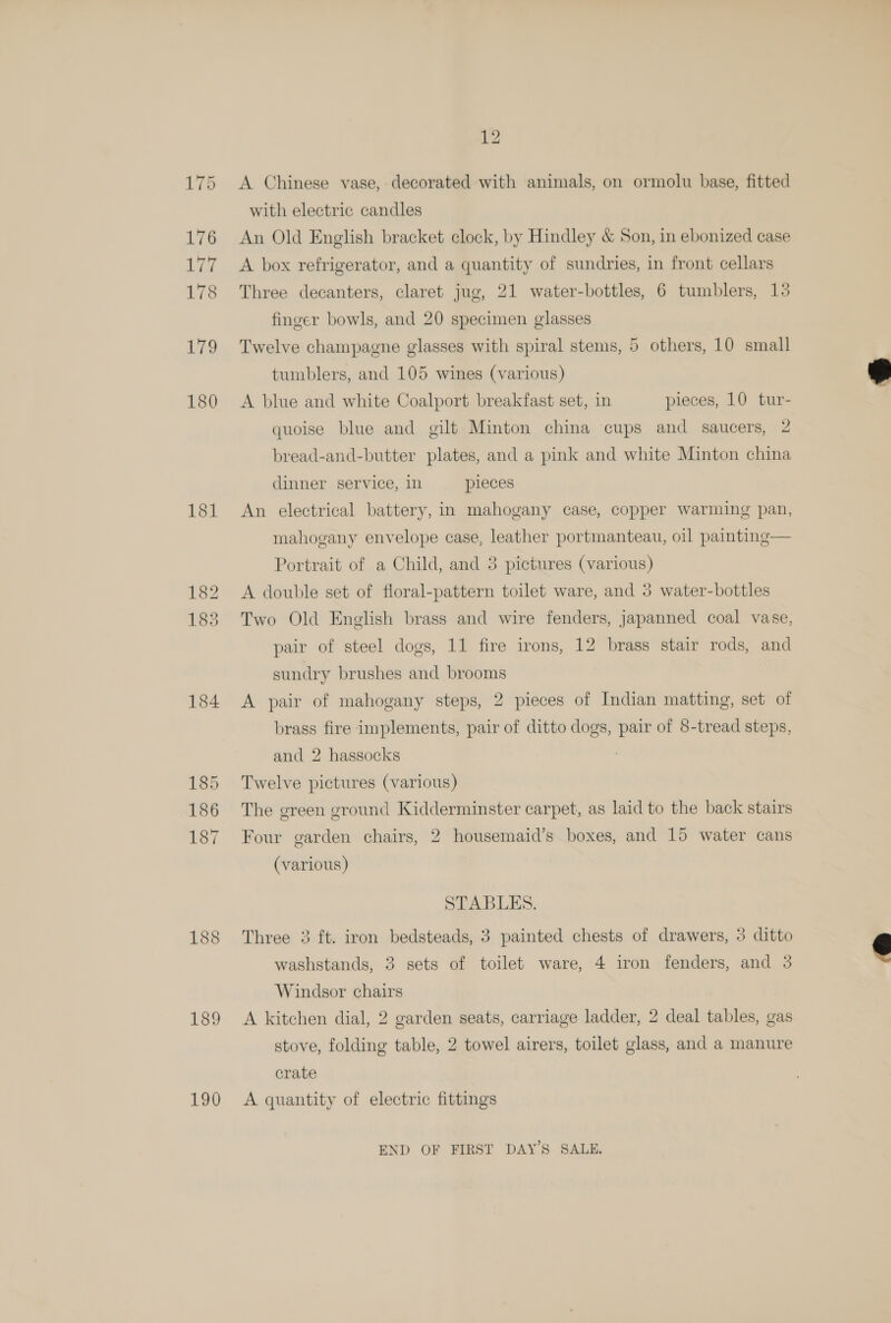 180 181 182 183 184 185 186 187 188 189 190 12 A Chinese vase, decorated with animals, on ormolu base, fitted with electric candles An Old English bracket clock, by Hindley &amp; Son, in ebonized case A box refrigerator, and a quantity of sundries, in front cellars Three decanters, claret jug, 21 water-bottles, 6 tumblers, 13 finger bowls, and 20 specimen glasses Twelve champagne glasses with spiral stems, 5 others, 10 small tumblers, and 105 wines (various) A blue and white Coalport breakfast set, in pieces, 10 tur- quoise blue and gilt Minton china cups and saucers, 2 bread-and-butter plates, and a pink and white Minton china dinner service, in pieces An electrical battery, in mahogany case, copper warming pan, mahogany envelope case, leather portmanteau, oil painting— Portrait of a Child, and 3 pictures (various) A double set of floral-pattern toilet ware, and 3 water-bottles Two Old English brass and wire fenders, japanned coal vase, pair of steel dogs, 11 fire irons, 12 brass stair rods, and sundry brushes and brooms A pair of mahogany steps, 2 pieces of Indian matting, set of brass fire implements, pair of ditto dogs, pair of 8-tread steps, and 2 hassocks Twelve pictures (various) The green ground Kidderminster carpet, as laid to the back stairs Four garden chairs, 2 housemaid’s boxes, and 15 water cans (various) STABLES. Three 3 ft. iron bedsteads, 3 painted chests of drawers, 3 ditto washstands, 3 sets of toilet ware, 4 iron fenders, and 3 Windsor chairs A kitchen dial, 2 garden seats, carriage ladder, 2 deal tables, gas stove, folding table, 2 towel airers, toilet glass, and a manure crate A quantity of electric fittings END OF FIRST DAY’S SALE.  
