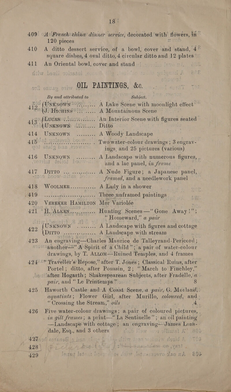 409° 410 411 \ 18 5 120 pieces A ditto dessert service, of a bowl, cover and stand, ae square dishes, 4 oval ditto, 4 circular ditto and 12 plates” An Oriental bowl, cover and stand  nye and attr ee hoe a Subject. 412 '(Unxitnown ns + A Lake Scene with moonlight effect” aaa CE Hiding? enh A Mountainous Scene f Lucas: ory dake ‘An Interior Scene with figures seated » 413 eget tUnKwown ite... Ditto’ a UNKNOWN ee “A Woody Landscape | 415 Pa ieSS? SOL. Twowater-colour drawings ; 3 engray- chk So east 22d tank ings, and 25 pictures (various) 416 3 pha itee ce ote ge A Landscape with numerous figures, ‘ 5 EERIE SRA OS Oe ed otc ge ear eee ieee | 417 Dirvo ... ......&lt;.... A Nude Figure; a Japanese panel, ei ae cian igs Framed, and a needlework panel 418 WooLMER....... ee A Lady ina shower ES ay ah eee, ioe, Three unframed paintings _ 420 VEREKER Hasiiut0N Mer Variolée | aes een na he i “ALKEN... “et ner . Hunting Sateen Gone Away !5 Sm PRS RO “ Homeward,” a pair D6. UNKNOWN 2.0.0.0.) A igiscane with figures and cottage 422 DITTO oats ys teeene ny A Landscape with stream 423 An engraving-—Charles Maurice. de Talleyrand- Ramer oanothér—2“A Spirit of a Child” a pair of water- colour drawings, by T. ALLom—Ruined Moni ples and 4 frames 424 ©“ Travellér’s’ Repose,” after T. Jonés ; Classical Ruins, after Portel; ditto, after Poussin, 2; “March to Finchley,” Jafter, Hogarth } Shakespearean Subjects, after Fradelle, a pair, and “ Le Printemps? s-- &gt; * abe 8 425 Haworth Castle and-A Coast Scene,:a pair, G. Moiland,. aquatints ; Flower Girl, after Murillo, colowred, and : “Crossing the Stream,” ois. Me Pa Ae od gb 426 Five water-colour drawings; ‘a.pair of coloured pictures, | _ in gilt frames; a print—* La Sentinelle”; an oil painting © —Landscape with cottage; an ‘uae ar ‘James Lons- dale, po and 3 others pein iloy :ollugai A 39: 128 429 Bu 3 4 wRo nA OOF 