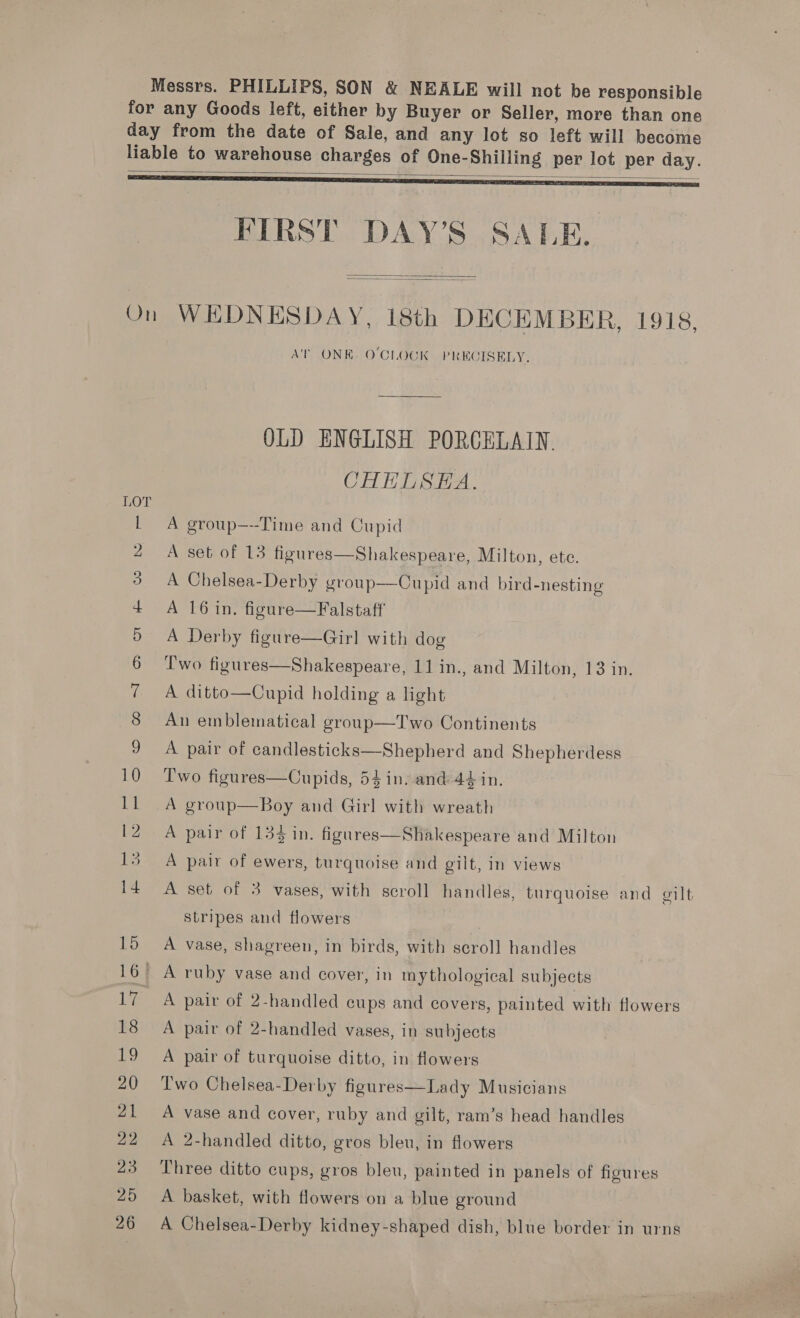 Messrs. PHILLIPS, SON &amp; NEALE will not be responsible for any Goods left, either by Buyer or Seller, more than one day from the date of Sale, and any lot so left will become liable to warehouse charges of One-Shilling per lot per day. CTL FIRST DAY’S SALE.    On WEDNESDAY, 18th DECEMBER, 1918, AT ONE. O'CLOCK PREOISELY. OLD ENGLISH PORCELAIN. CHHLSEHA. ia C pane ee Sega A group—--Time and Cupid A set of 13 figures—Shakespeare, Milton, ete. A Chelsea-Derby group—Cupid and bird-nesting A 16 in. figure—Falstaff A Derby figure—Girl with dog T'wo figures—Shakespeare, 11 in., and Milton, 13 in. A ditto—Cupid holding a light An emblematical group—Two Continents A pair of candlesticks—Shepherd and Shepherdess Two figures—Cupids, 54 in. and 44 in. A group—Boy and Girl with wreath A pair of 13% in. figures—Shakespeare and Milton A pair of ewers, turquoise and gilt, in views eee aoe ee oe et A set of 3 vases, with scroll handles, turquoise and oilt stripes and flowers A vase, shagreen, in birds, with serol] handles — [eps Si _ A ruby vase and cover, in mythological subjects — ~I A pair of 2-handled cups and covers, painted with flowers 18 A pair of 2-handled vases, in subjects 19 A pair of turquoise ditto, in flowers 20 Two Chelsea-Derby figures—Lady Musicians 21 A vase and cover, ruby and gilt, ram’s head handles 22 &lt;A 2-handled ditto, gros bleu, in flowers 23 Three ditto cups, eros bleu, painted in panels of figures 25 A basket, with flowers on a blue ground 26 A Chelsea-Derby kidney-shaped dish, blue border in urns