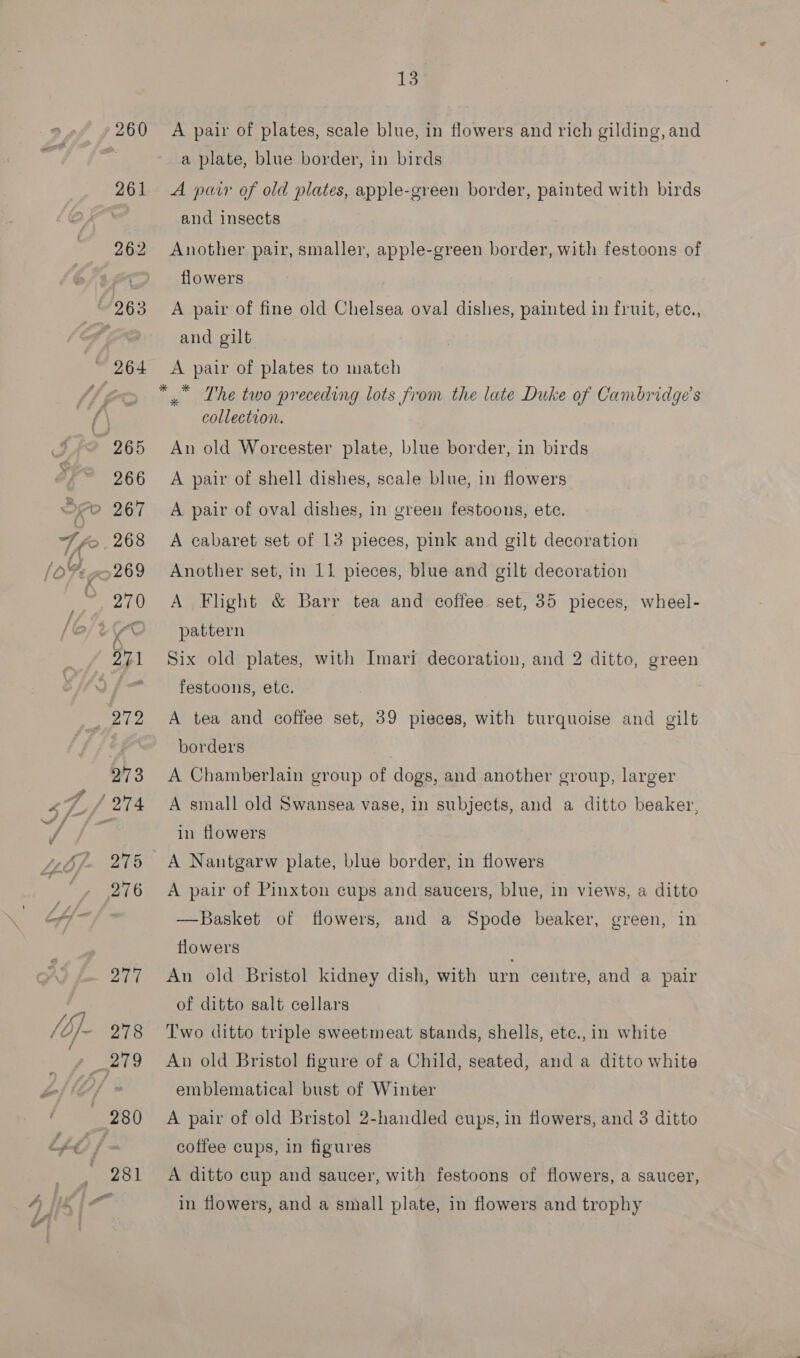 13° 260 A pair of plates, scale blue, in flowers and rich gilding, and . a plate, blue border, in birds 261 &lt;A pair of old plates, apple-green border, painted with birds and insects 262 Another pair, smaller, apple-green border, with festoons of oe flowers 263 A pair of fine old Chelsea oval dishes, painted in fruit, ete., (= and gilt ~ 264 A pair of plates to match (f *” The two preceding lots from the late Duke of Cambridge's collection. 265 An old Worcester plate, blue border, in birds ; 266 A pair of shell dishes, scale blue, in flowers So 267 A pair of oval dishes, in green festoons, etc. 7 ©. 268 A cabaret set of 13 pieces, pink and gilt decoration He »269 Another set, in 11 pieces, blue and gilt decoration eo nA Flight &amp; Barr tea and coffee set, 35 pieces, wheel- é “Oo pattern 271 Six old plates, with Imari decoration, and 2 ditto, green f= festoons, ete. _ 272 A tea and coffee set, 39 pieces, with turquoise and gilt oa borders | 273 A Chamberlain group of dogs, and another group, larger in flowers 275 A Nantgarw plate, blue border, in flowers 276 A pair of Pinxton cups and saucers, blue, in views, a ditto —Basket of flowers, and a Spode beaker, green, in tlowers 277 An old Bristol kidney dish, with urn centre, and a pair of ditto salt cellars __279 An old Bristol figure of a Child, seated, and a ditto white /f * emblematical bust of Winter 280 A pair of old Bristol 2-handled cups, in flowers, and 3 ditto | coffee cups, in figures 281 A ditto cup and saucer, with festoons of flowers, a saucer, in flowers, and a small plate, in flowers and trophy