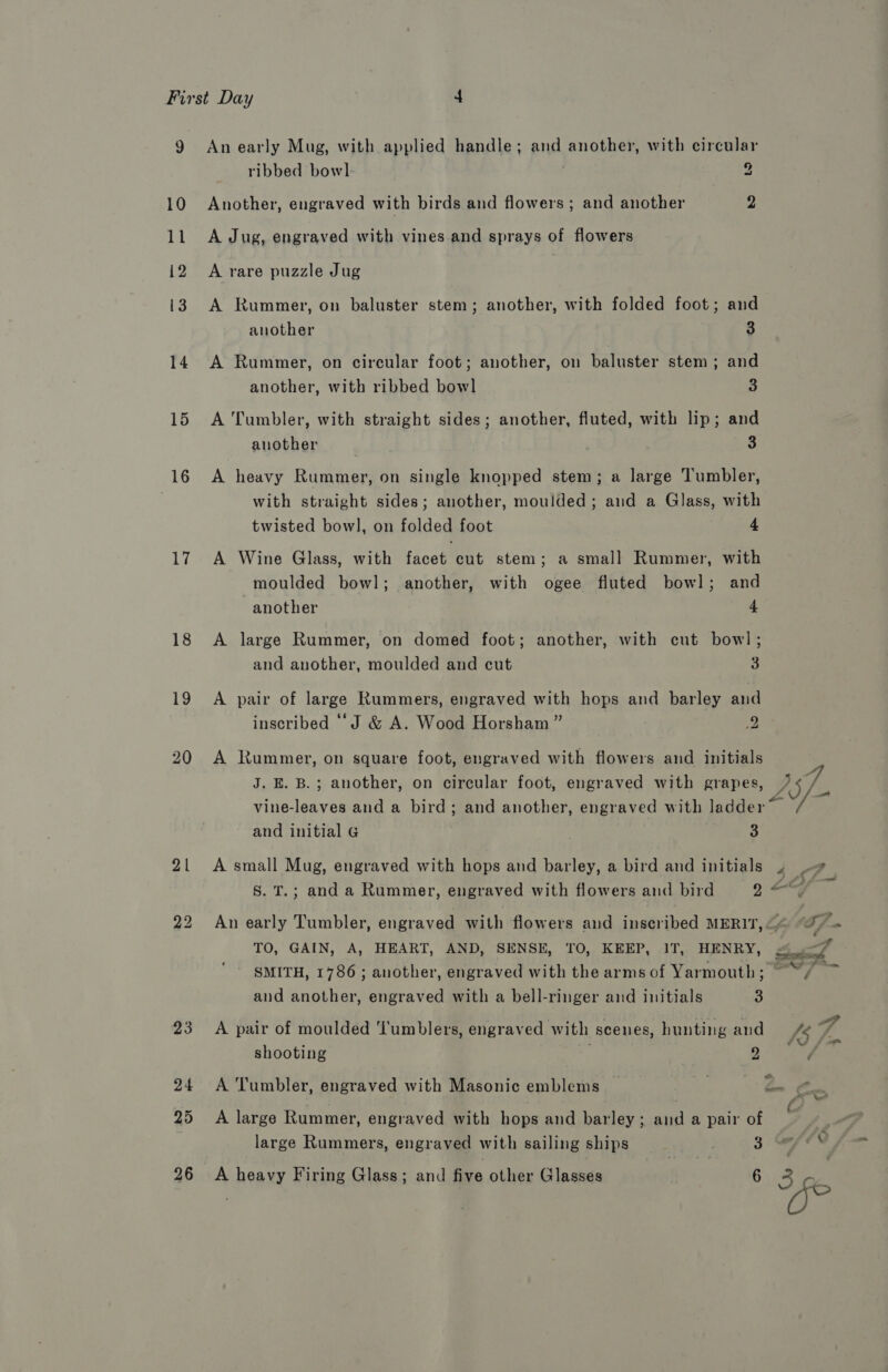 9 10 11 12 13 14 15 16 Ay) 18 19 20 21 23 24 25 An early Mug, with applied handle; and another, with circular ribbed bowl : 2 Another, engraved with birds and flowers ; and another 2 A Jug, engraved with vines and sprays of flowers A rare puzzle Jug A Rummer, on baluster stem; another, with folded foot; and another 3 A Rummer, on circular foot; another, on baluster stem; and another, with ribbed bowl 3 A Tumbler, with straight sides; another, fluted, with lip; and another 3 A heavy Rummer, on single knopped stem; a large ‘Tumbler, with straight sides; another, moulded; and a Glass, with twisted bowl, on folded foot 4 A Wine Glass, with facet cut stem; a small Rummer, with moulded bowl; another, with ogee fluted bowl; and another 4 A large Rummer, on domed foot; another, with cut bow]; and another, moulded and cut 3 A pair of large Rummers, engraved with hops and barley and inscribed ‘J &amp; A. Wood Horsham” 2 A Rummer, on square foot, engraved with flowers and initials J. E. B.; another, on circular foot, engraved with grapes, Aas7 vine-leaves and a bird; and another, engraved with ladder” and initial G 3 A small Mug, engraved with hops and barley, a bird and initials 4 .-9_ 8. T.; and a Rummer, engraved with flowers and bird 74 An early Tumbler, engraved with flowers and inscribed MERIT, </ Tf TO, GAIN, A, HEART, AND, SENSE, TO, KEEP, IT, HENRY, 4-7 am ae mer SMITH, 1786 ; another, engraved with the arms of Yarmouth; ~~, and another, engraved with a bell-ringer and initials 3 A pair of moulded ‘Tumblers, engraved with scenes, hunting and « / : : iS fm shooting 2 A Tumbler, engraved with Masonic emblems _ > yg ema A large Rummer, engraved with hops and barley; and a pair of large Rummers, engraved with sailing ships . 3.a7e% &amp;