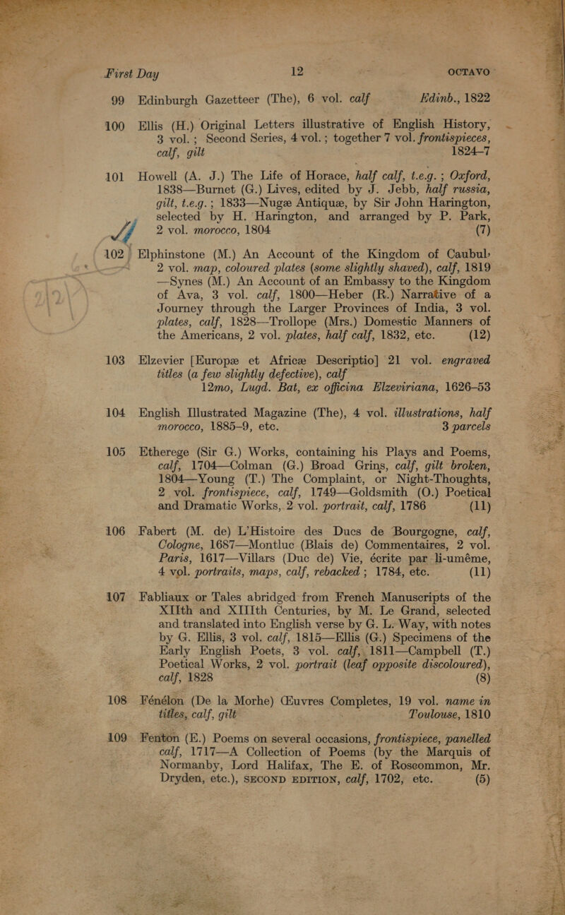  First Day 12 je . OCTAVO 99 Edinburgh Gazetteer (The), 6 vol. calf Edinb., 1822   100 Ellis (H.) Original Letters illustrative of English History, =  3 vol. ; Second Series, 4 vol. ; ; together 7 vol. frontispieces, a | calf, gilt 1824-7 E 101 Howell (A. J.) The Life of Horace, half calf, t.e.g. ; Oxford, a 1838—Burnet (G.) Lives, edited by J. Jebb, half russia, B gilt, t.e.g. ; i E selected by H. Harington, and arranged by P. Park, 3 2 vol. morocco, 1804 | (1) 383 102. Elphinstone (M.) An Account of the Kingdom of Caubul 2 vol. map, coloured plates (some slightly shaved), calf, 1819 —Synes (M.) An Account of an Embassy to the Kingdom of Ava, 3 vol. calf, 1800—Heber (R.) Narrative of a Journey through the Larger Provinces of India, 3 vol. plates, calf, 1828—Trollope (Mrs.) Domestic Manners of the Americans, 2 vol. plates, half calf, 1832, etc. (12) 103. Elzevier [Europe et Africe Descriptio] 21 vol. engraved | |, aes . titles (a few slightly defective), calf &amp; 12mo, Lugd. Bat, ex officina Elzeviriana, 1626-53 ee 104 English Illustrated Magazine (The), 4 vol. &lt;llustrations, half PES morocco, 1885-9, etc. | 3 parcels Bee ; 105 Etherege (Sir G.) Works, containing his Plays and Poems, rs, calf, 1704—Colman (G.) Broad Grins, calf, gilt broken, — 1804—Young (T.) The Complaint, or Night-Thoughts, og 2 vol. frontispiece, calf, 1749—Goldsmith (O.) Poetical roa and Dramatic Works, 2 vol. portrait, calf, 1786 Gay se | 106 Fabert (M. de) L’Histoire des Ducs de Bourgogne, calf, canes Cologne, 1687—Montluc (Blais de) Commentaires, 2 vol. - oC Paris, 1617—Villars (Duc de) Vie, écrite par li-uméme, 4 vol. portraits, maps, calf, rebacked ; 1784, etc. (11) 107 Fabliaux or Tales abridged from French Manuscripts of the XIith and XIIIth Centuries, by M. Le Grand, selected and translated into English verse by G. L. Way, with notes by G. Ellis, 3 vol. calf, 1815—Ellis (G.) Specimens of the Early English Poets, 3 vol. calf, 1811—Campbell (T.) Poetical Works, 2 vol. portrait ( (leaf opposite discoloured), © calf, 1828 (8) 108 Fénélon (De la Morhe) Giuvres Completes, 19 vol. name in - . titles, calf, gilt Pez - Poulouse, 1810 es 109 Fenton (E.) Poems on several occasions, frontispiece, panelled — calf, 1717—A Collection of Poems (by the Marquis of = : Normanby, Lord Halifax, The E. of Roseommon, Mr. Dryden, etc.), SECOND EDITION, calf, 1702, etc. (5) 