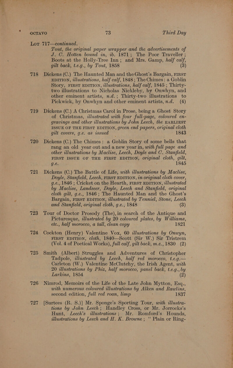 718 719 720 721 723 724 725 726 727 Tout, the original paper wrapper and the advertisements of J. C. Hotten bound in, 1b. 1871; The Poor Traveller ; Boots at the Holly-Tree Inn; and Mrs. Gamp, half calf, gilt back, t.e.g., by Tout, 1858 (3) Dickens (C.) The Haunted Man and the Ghost’s Bargain, FIRST EDITION, tlustrations, half calf, 1848 ; The Chimes: a Goblin Story, FIRST EDITION, dJlustrations, half calf, 1845 ; Thirty- two illustrations to Nicholas Nickleby, by Onwhyn, and other eminent artists, n.d.; Thirty-two illustrations to Pickwick, by Onwhyn and other eminent artists, n.d. (4) Dickens (C.) A Christmas Carol in Prose, being a Ghost Story of Christmas, illustrated with four full-page, coloured en- gravings and other illustrations by John Leech, the HARLIEST ISSUE OF THE FIRST EDITION, green end papers, original cloth gilt covers, g.e. as issued 1843 Dickens (C.) The Chimes: a Goblin Story of some bells that rang an old year out and a new year in, with full page and other illustrations by Maclise, Leech, Doyle and C. Stanfield, FIRST ISSUE OF THE FIRST EDITION, original cloth, gilt, g.e. 1845 Dickens (C.) The Battle of Life, with illustrations by Maclise, Doyle, Stanfield, Leech, FIRST EDITION, in original cloth cover, g.e., 1846 ; Cricket on the Hearth, FIRST EDITION, illustrated by Maclise, Landseer, Doyle, Leech and Stanfield, original cloth gilt, g.e., 1846; The Haunted Man and the Ghost’s Bargain, FIRST EDITION, illustrated by Tenniel, Stone, Leech and Stanfield, original cloth, g.e., 1848 (3) Tour of Doctor Prosody (The), in search of the Antique and Picturesque, dlustrated by 20 coloured plates, by Williams, etc., half morocco, a tall, clean copy 1821 Cockton (Henry) Valentine Vox, 60 illustrations by Onwyn, FIRST EDITION, cloth, 1840—Scott (Sir W.) Sir Tristrem (Vol. 4 of Poetical Works), full calf, gilt back, m.e., 1830 (2) Smith (Albert) Struggles and Adventures of Christopher Tadpole, illustrated by Leech, half red morocco, t.e.g.— Carleton (W.) Valentine McClutehy, the Irish Agent, with 20 allustrations by Phiz, half morocco, panel back, t.e.g., by Larkins, 1854 (2) Nimrod, Memoirs of the Life of the Late John Mytton, Esq., with numerous coloured illustrations by Alken and Rawlins, second edition, full red roan, limp 1837 [Surtees (R. S.)] Mr. Sponge’s Sporting Tour, with illustra- tions by John Leech; Handley Cross, or Mr. Jorrocks’s Hunt, Leech’s illustrations; Mr. Romford’s Hounds, illustrations by Leech and H. K. Browne; “ Plain or Ring- = 1 SS a ae oe oe 5 -, ay ae eee Ee yt) toe ee