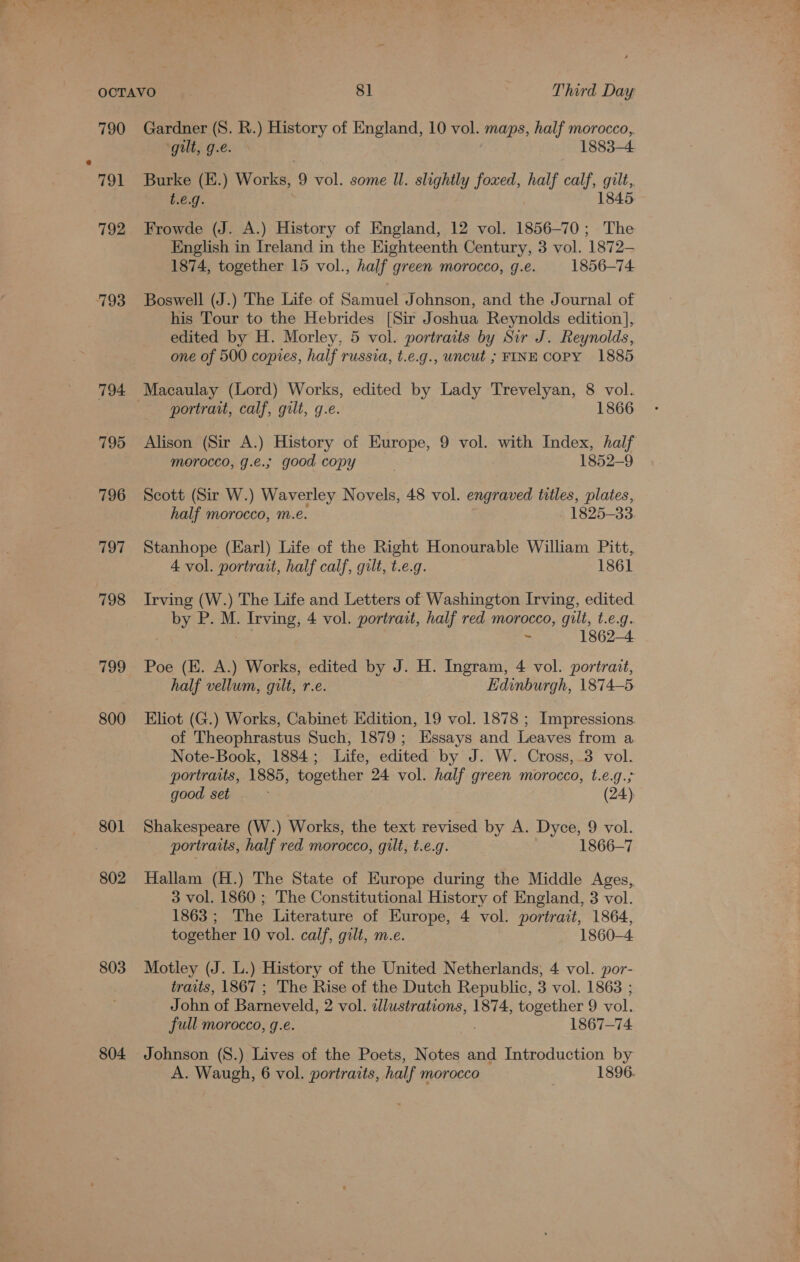 790 791 792 793 794 795 796 797 798 800 801 802 803 804 Gardner (S. R.) History of England, 10 vol. maps, half morocco, gilt, ge. 1883-4 Burke (E.) Works, 9 vol. some Il. slightly foxed, half calf, gilt, t.e.g. 1845 Frowde (J. A.) History of England, 12 vol. 1856-70; The English in Ireland in the Eighteenth Century, 3 vol. 1872— 1874, together 15 vol., half green morocco, g.e. 1856-74 Boswell (J.) The Life of Samuel Johnson, and the Journal of his Tour to the Hebrides [Sir Joshua Reynolds edition], edited by H. Morley, 5 vol. portraits by Sir J. Reynolds, one of 500 copies, half russia, t.e.g., uncut ; FINE Copy 1885 portrait, calf, gilt, g.e. 1866 Alison (Sir A.) History of Europe, 9 vol. with Index, half morocco, g.e.; good copy . 1852-9 Scott (Sir W.) Waverley Novels, 48 vol. engraved titles, plates, half morocco, m.e. 1825-33 Stanhope (Earl) Life of the Right Honourable William Pitt, 4 vol. portrait, half calf, gilt, t.e.g. 1861 Irving (W.) The Life and Letters of Washington Irving, edited by P. M. Irving, 4 vol. portrait, half red morocco, gilt, t.e.g. ~ 1862-4. Poe (E. A.) Works, edited by J. H. Ingram, 4 vol. portrait, half vellum, gilt, r.e. Edinburgh, 1874-5 Eliot (G.) Works, Cabinet Edition, 19 vol. 1878 ; Impressions. of Theophrastus Such, 1879; Essays and Leaves from a Note-Book, 1884; Life, edited by J. W. Cross, 3 vol. portraits, 1885, together 24 vol. half green morocco, t.e.g.; good set (24) Shakespeare (W.) Works, the text revised by A. Dyce, 9 vol. portraits, half red morocco, gilt, t.e.g. 1866-7 Hallam (H.) The State of Europe during the Middle Ages, 3 vol. 1860 ; The Constitutional History of England, 3 vol. 1863 ; The Literature of Europe, 4 vol. portrait, 1864, together 10 vol. calf, gilt, m.e. 1860-4 Motley (J. L.) History of the United Netherlands, 4 vol. por- traits, 1867 ; The Rise of the Dutch Republic, 3 vol. 1863 ; John of Barneveld, 2 vol. azlustrations, 1874, together 9 vol. full morocco, g.e. 1867-74 Johnson (8.) Lives of the Poets, Notes and Introduction by