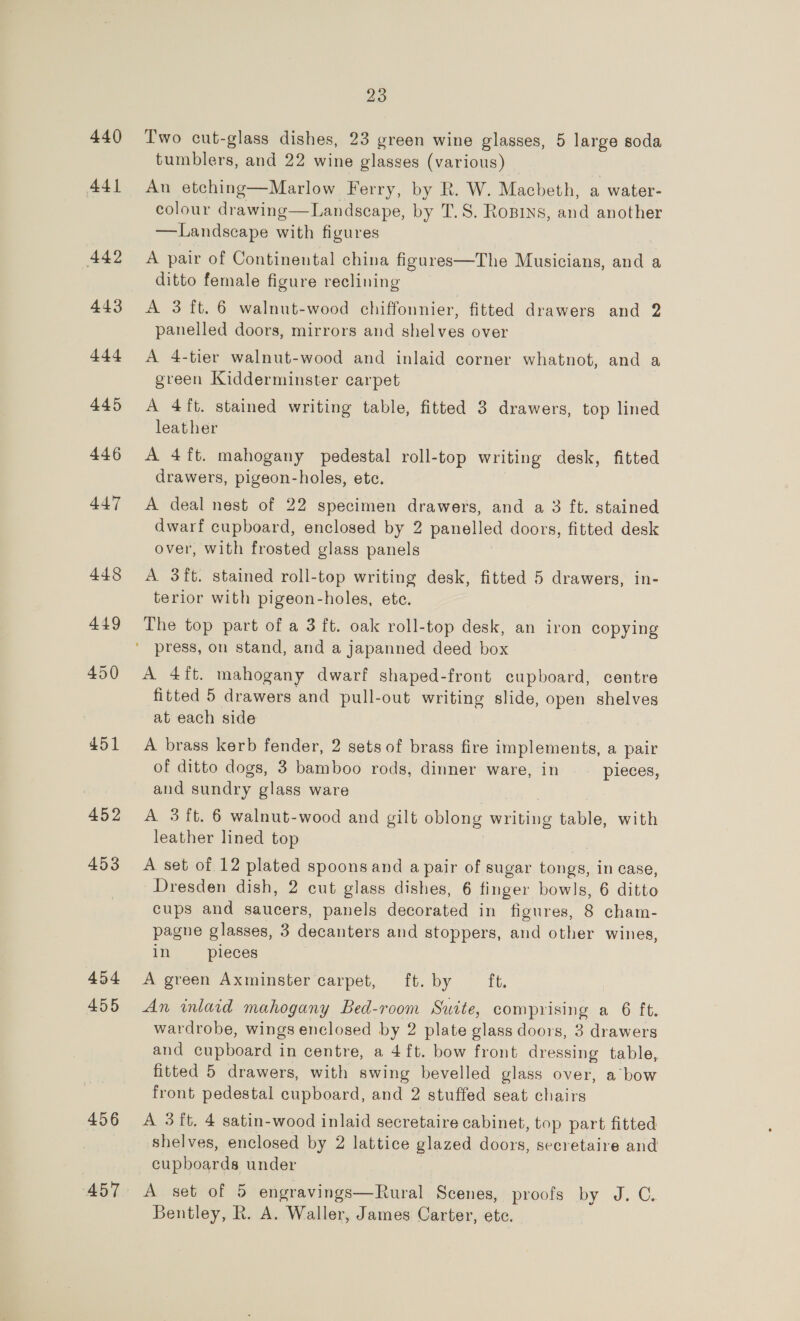 440 441 442 443 444 445 446 447 448 449 450 451 452 453 454 455 456 ‘A57 23 Two cut-glass dishes, 23 green wine glasses, 5 large soda tumblers, and 22 wine glasses (various) An etching—Marlow Ferry, by R. W. Macbeth, a water- colour drawing—Landscape, by T.S. ROBINS, aad another —Landscape with figures A pair of Continental china figures—The Musicians, and a ditto female figure reclining A 3 ft. 6 walnut-wood chiffounier, fitted drawers and 2 panelled doors, mirrors and shelves over A 4-tier walnut-wood and inlaid corner whatnot, and a green Kidderminster carpet A 4ft. stained writing table, fitted 3 drawers, top lined leather A 4ft. mahogany pedestal roll-top writing desk, fitted drawers, pigeon-holes, etc. A deal nest of 22 specimen drawers, and a 3 ft. stained dwarf cupboard, enclosed by 2 panelled doors, fitted desk over, with frosted glass panels A 3ft. stained roll-top writing desk, fitted 5 drawers, in- terior with pigeon-holes, ete. The top part of a 3 ft. oak roll-top desk, an iron copying A 4ft. mahogany dwarf shaped-front cupboard, centre fitted 5 drawers and pull-out writing slide, open shelves at each side A brass kerb fender, 2 sets of brass fire implements, a pair of ditto dogs, 3 bamboo rods, dinner ware, in ._ pieces, and sundry glass ware A 3 ft. 6 walnut-wood and gilt oblong Ue table, with leather lined top A set of 12 plated spoons and a pair of sugar cans in case, Dresden dish, 2 cut glass dishes, 6 finger bowls, 6 ditto cups and saucers, panels decorated in figures, 8 cham- pagne glasses, 3 decanters and stoppers, aud other wines, in pieces A green Axminster carpet, ft. by ft. An imlaid mahogany Bed-room Suite, comprising a 6 ft. wardrobe, wings enclosed by 2 plate glass doors, 3 drawers and cupboard in centre, a 4ft. bow front dressing table, fitted 5 drawers, with swing bevelled glass over, a bow front pedestal cupboard, and 2 stuffed seat chairs A 3 ft. 4 satin-wood inlaid secretaire cabinet, top part fitted shelves, enclosed by 2 lattice glazed doors, secretaire and cupboards under A set of 5 engravings—Rural Scenes, proofs by J. C. Bentley, R. A. Waller, James Carter, ete.